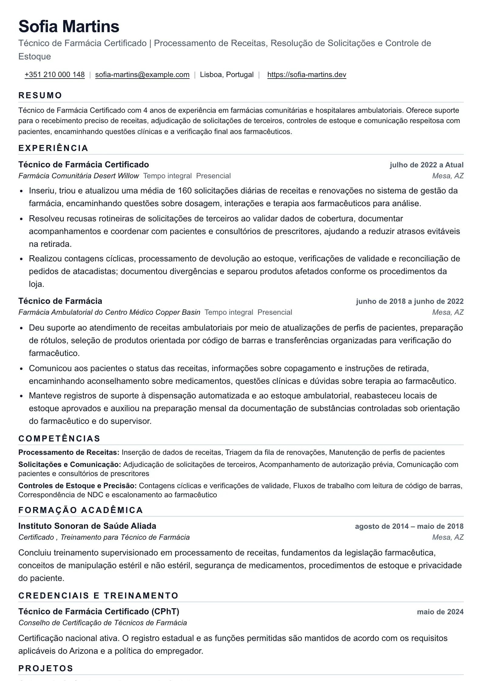 Estrutura de currículo para Técnico em Farmácia