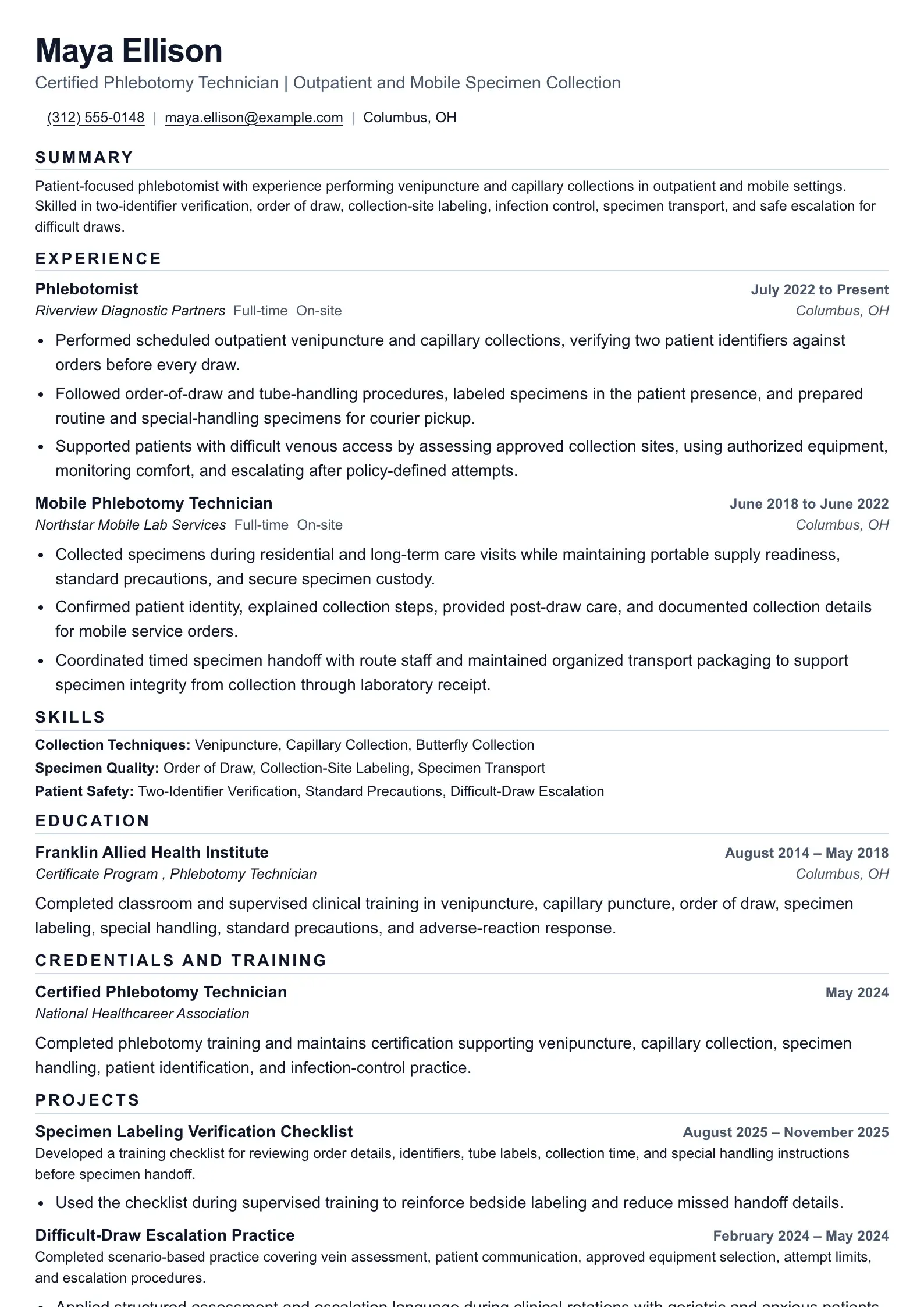 Phlebotomist resume example
