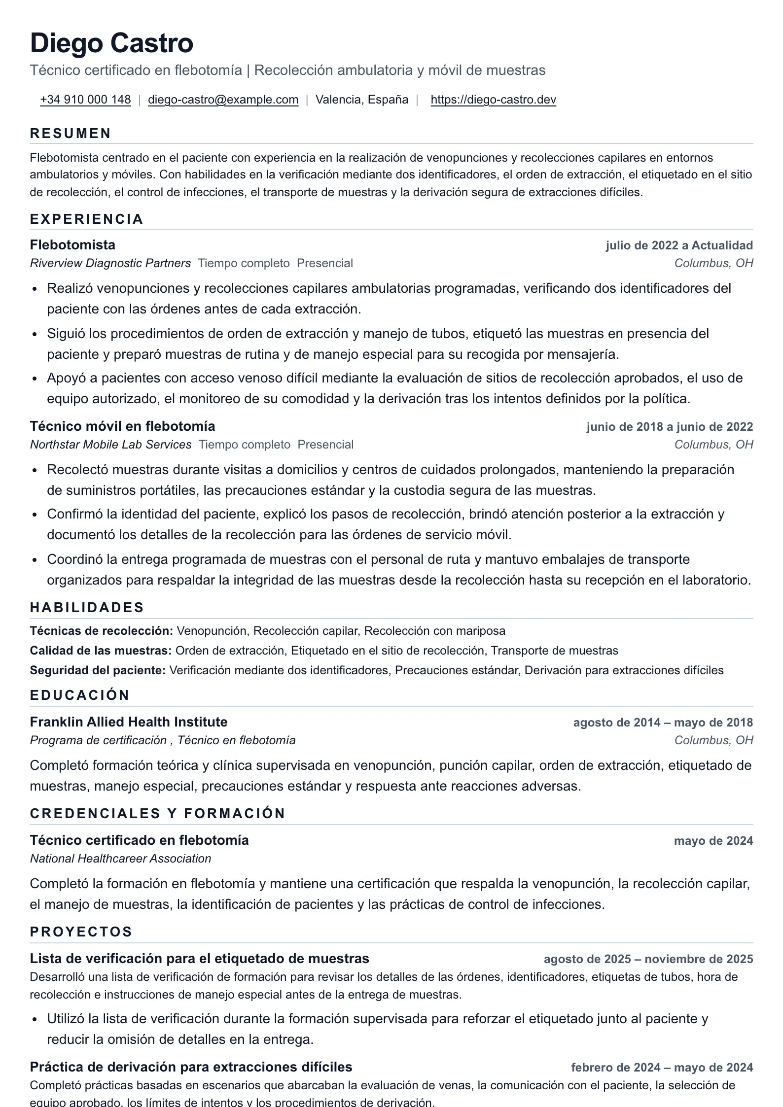 Ejemplo de currículum para flebotomista