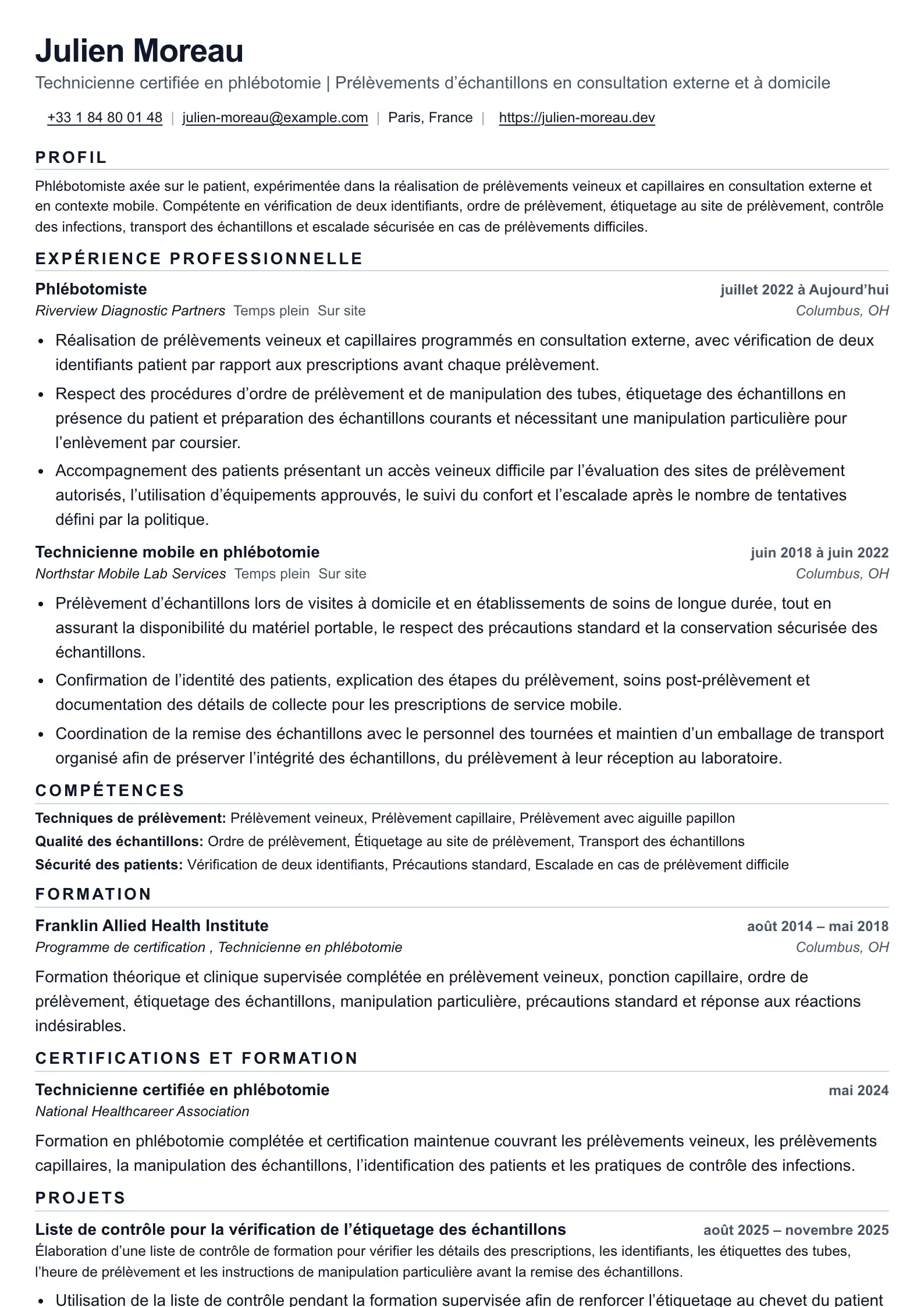 Exemple de CV de phlébotomiste