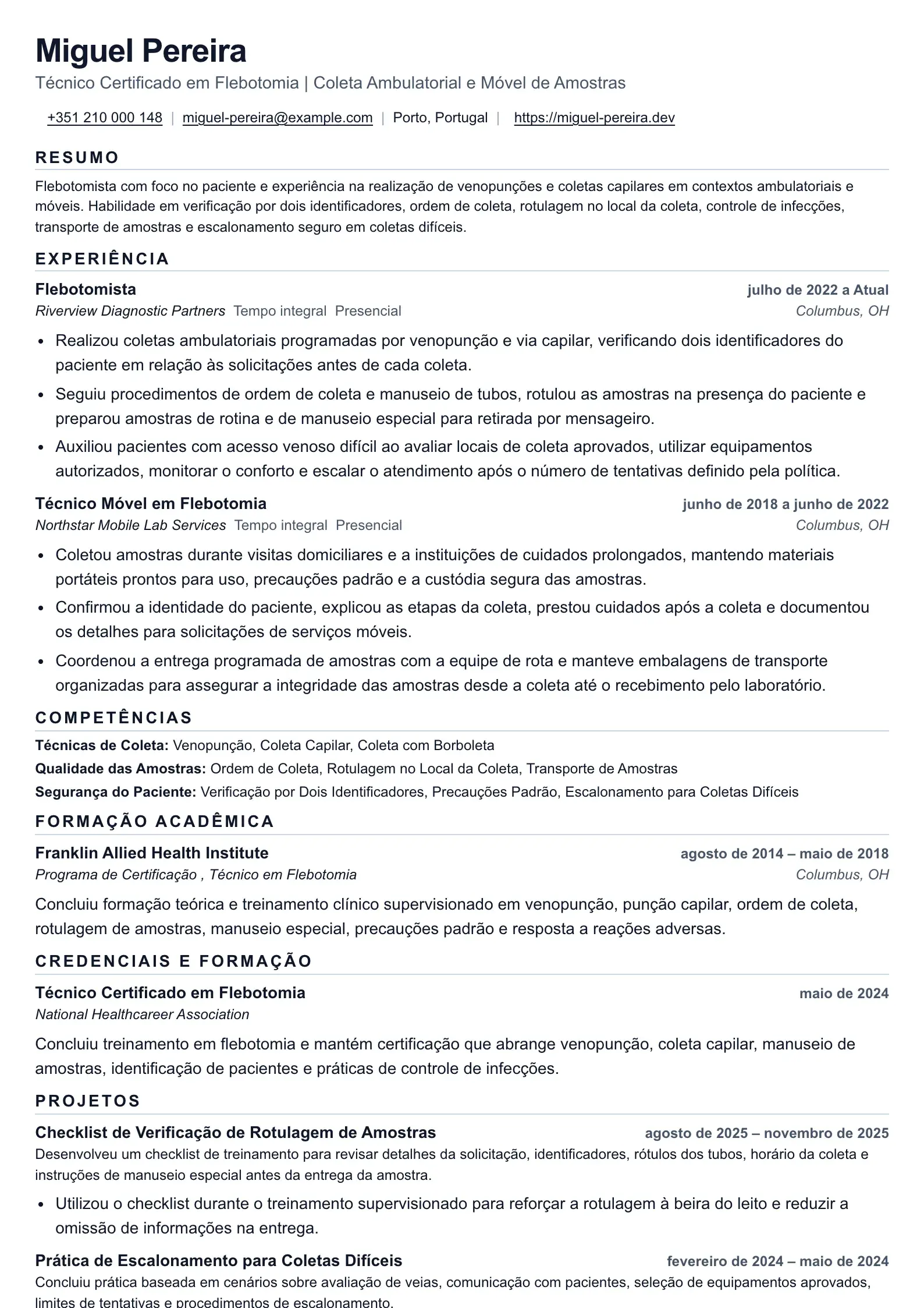 Exemplo de currículo para flebotomista