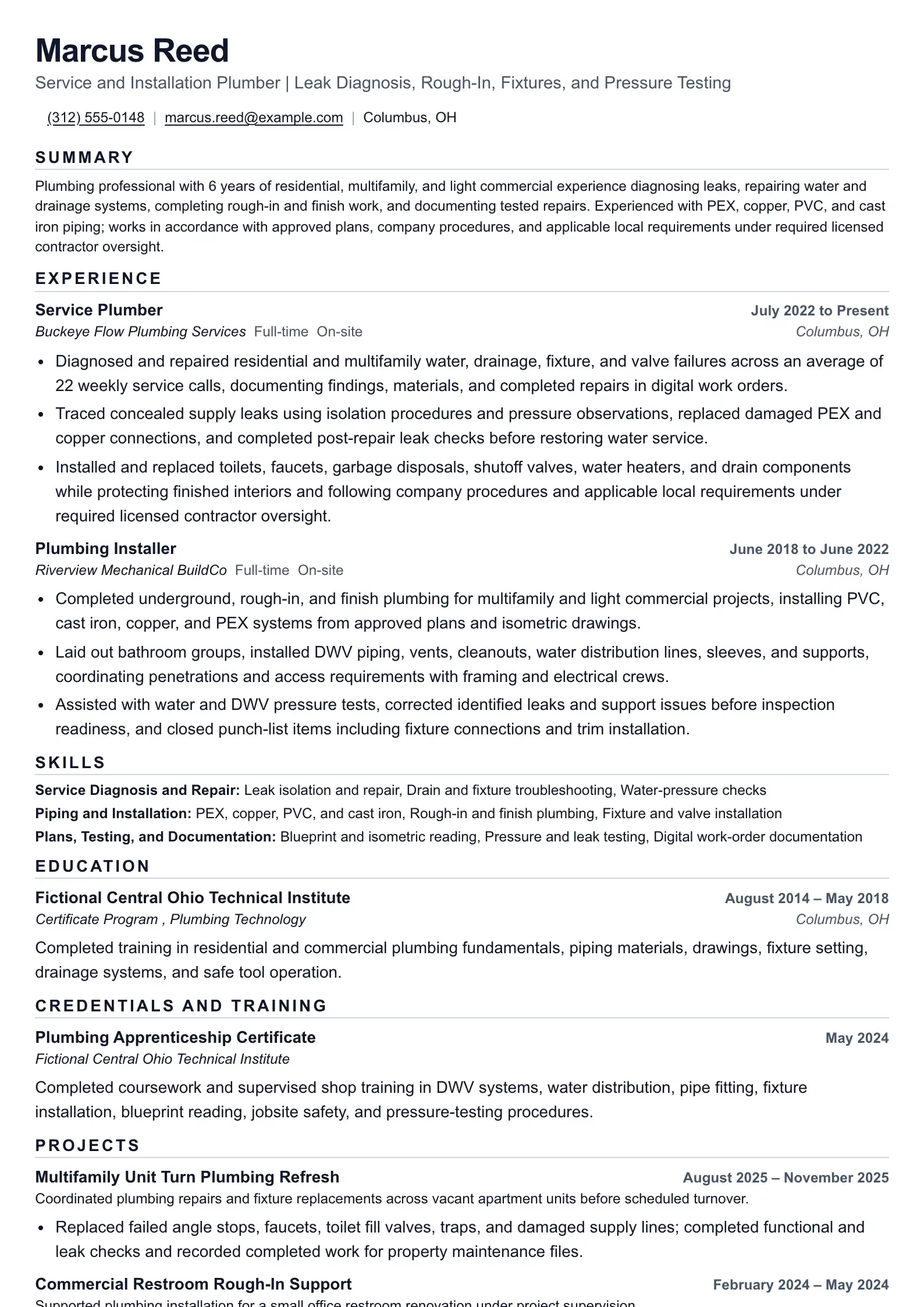 Plumber resume example for service and installation work