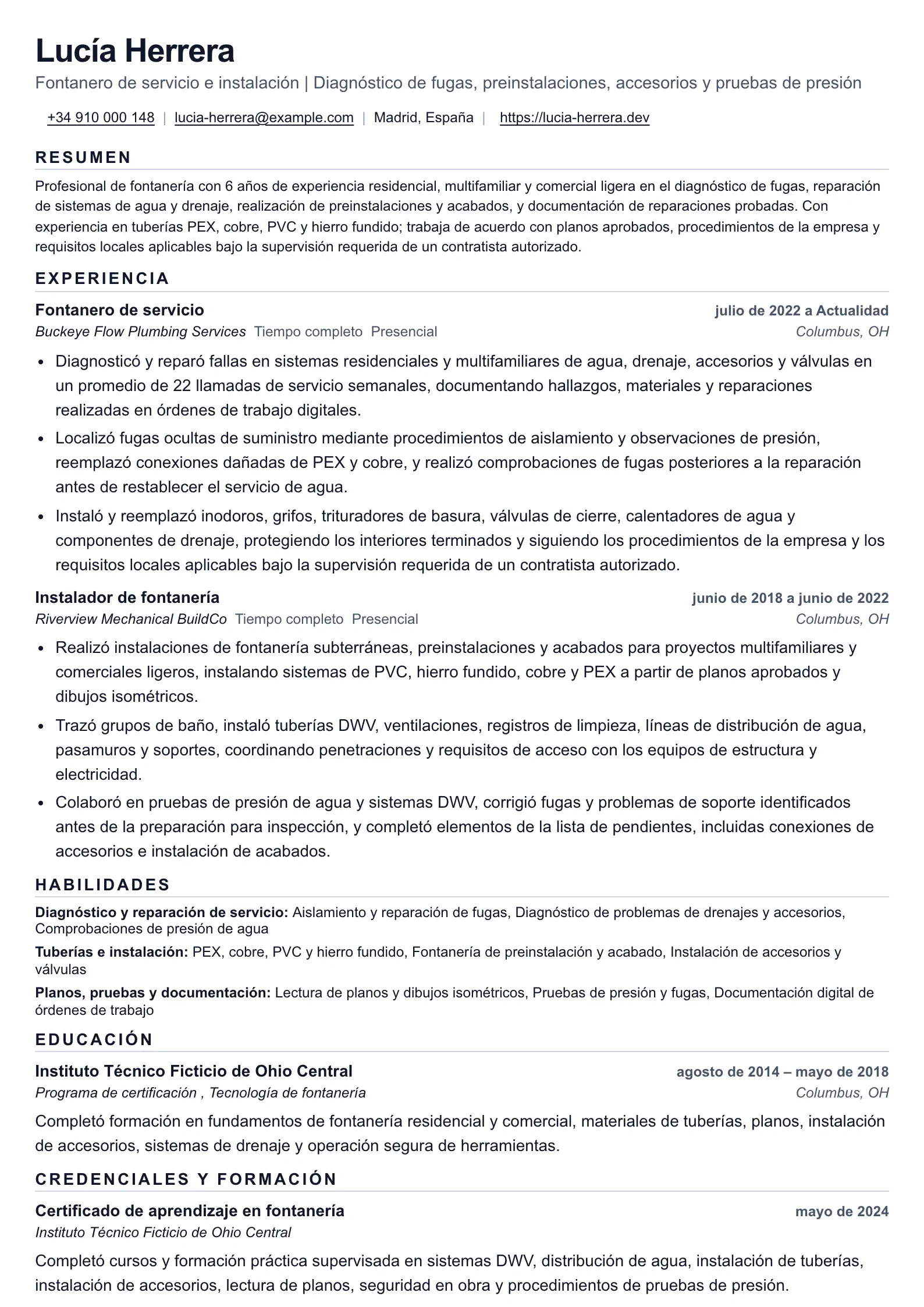 Ejemplo de currículum de fontanero para trabajos de servicio e instalación