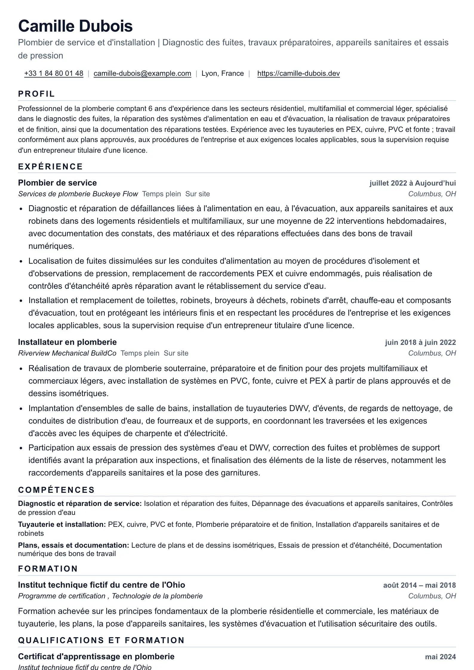 Exemple de CV de plombier pour le dépannage et les travaux d’installation
