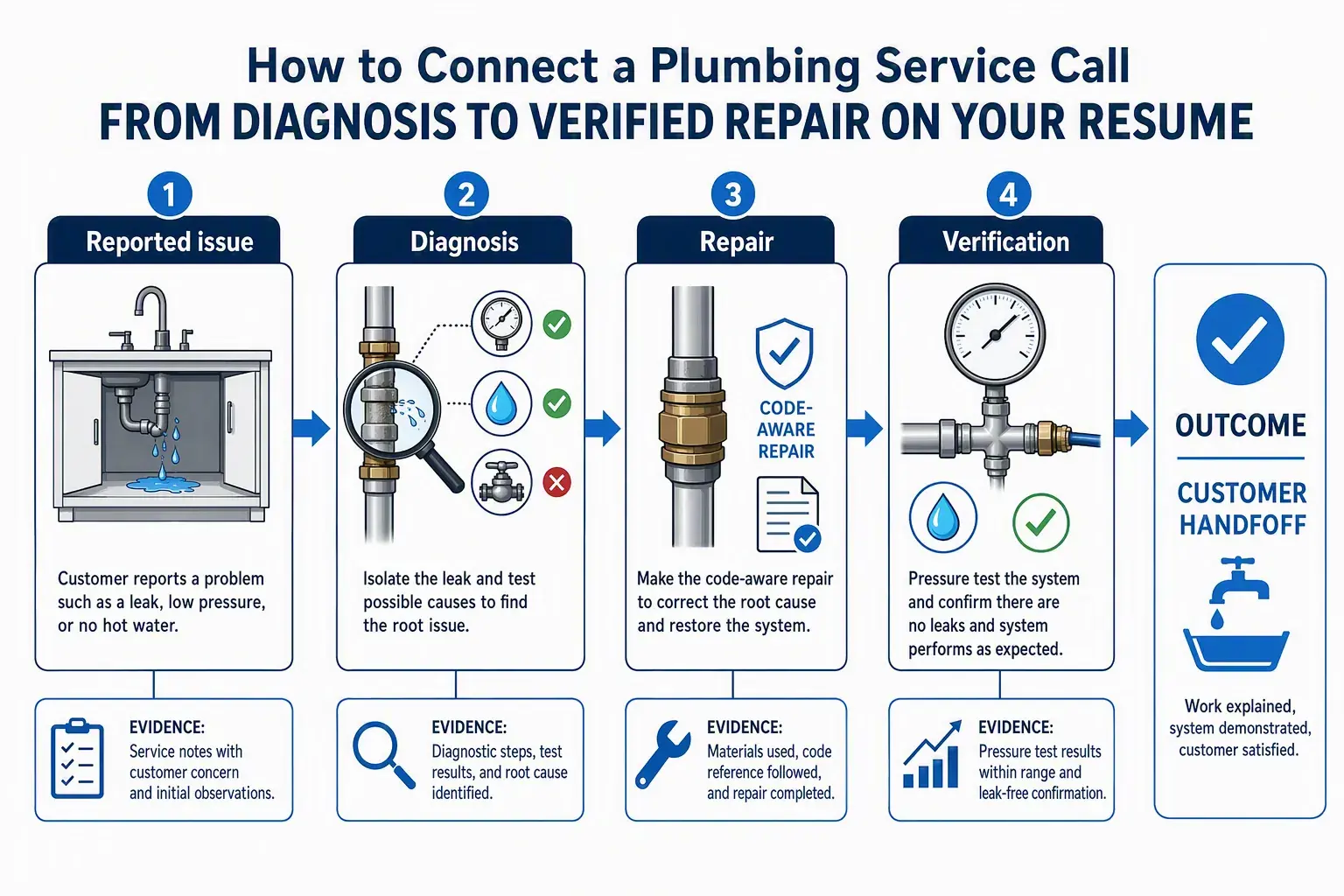 Four-stage diagram showing a plumbing service call from diagnosis to verified repair.