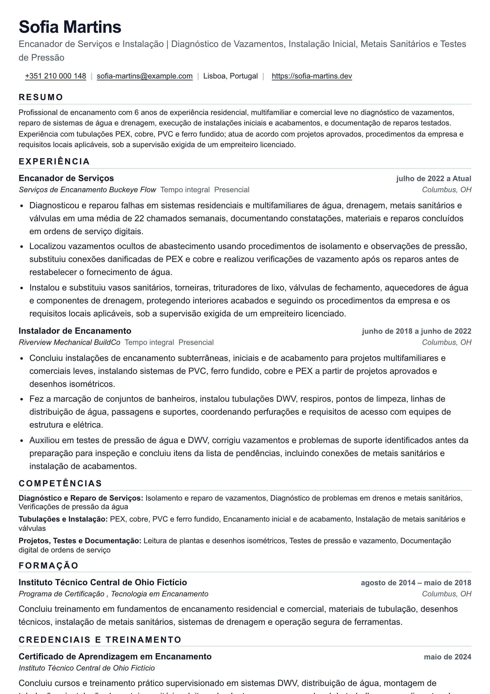 Exemplo de currículo de encanador para serviços e instalações