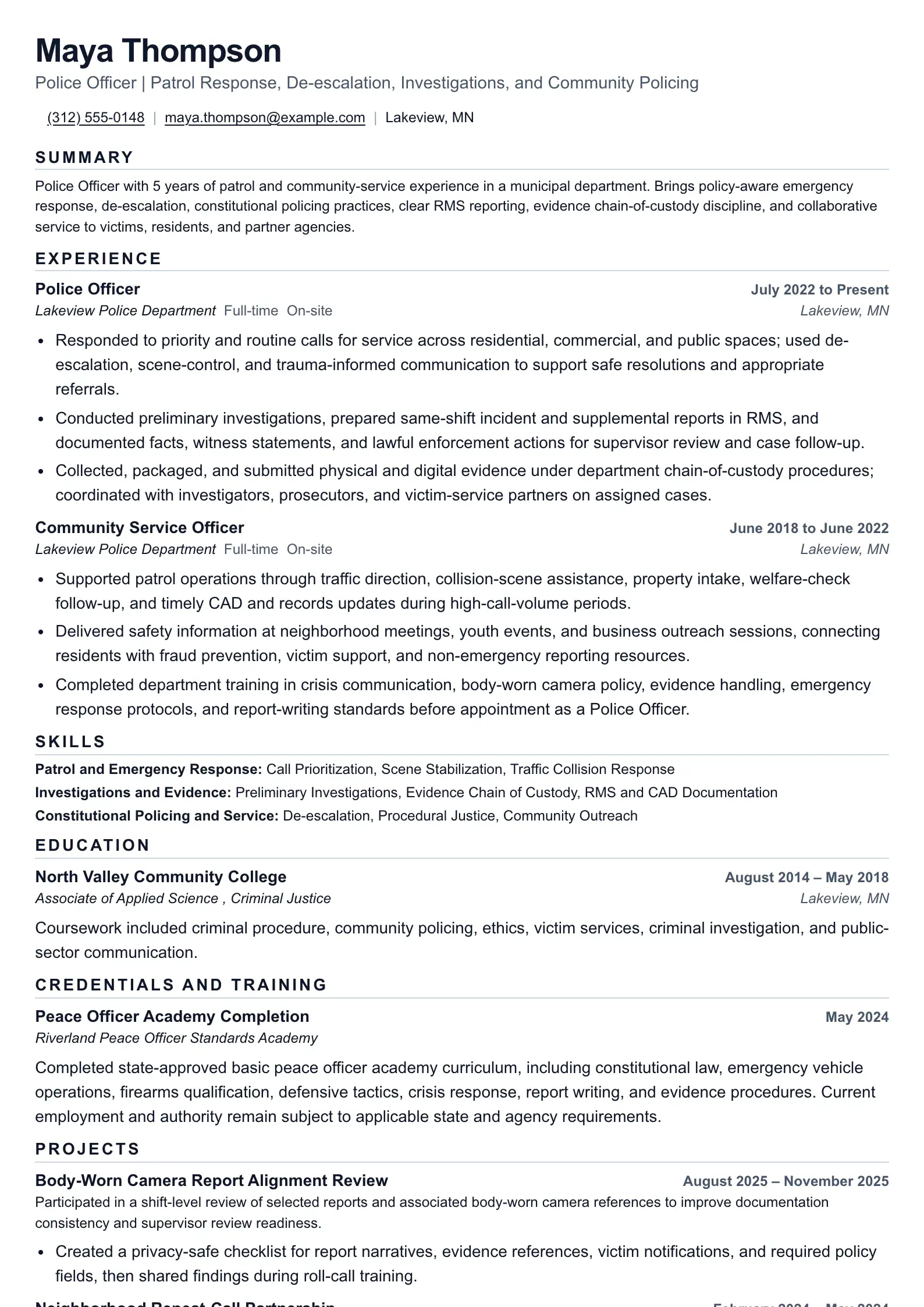 Police Officer resume example