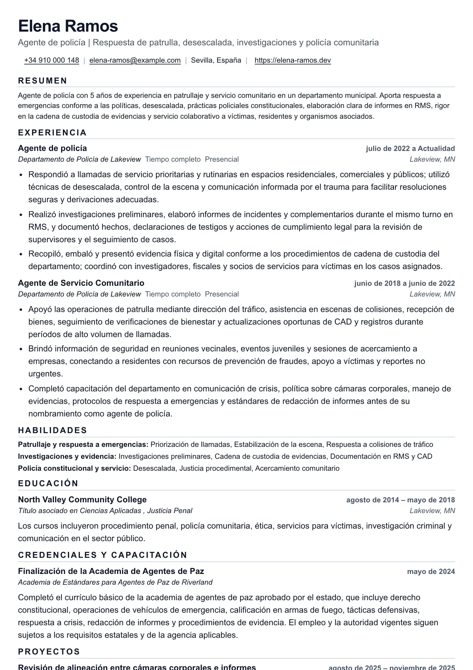 Ejemplo de currículum para agente de policía