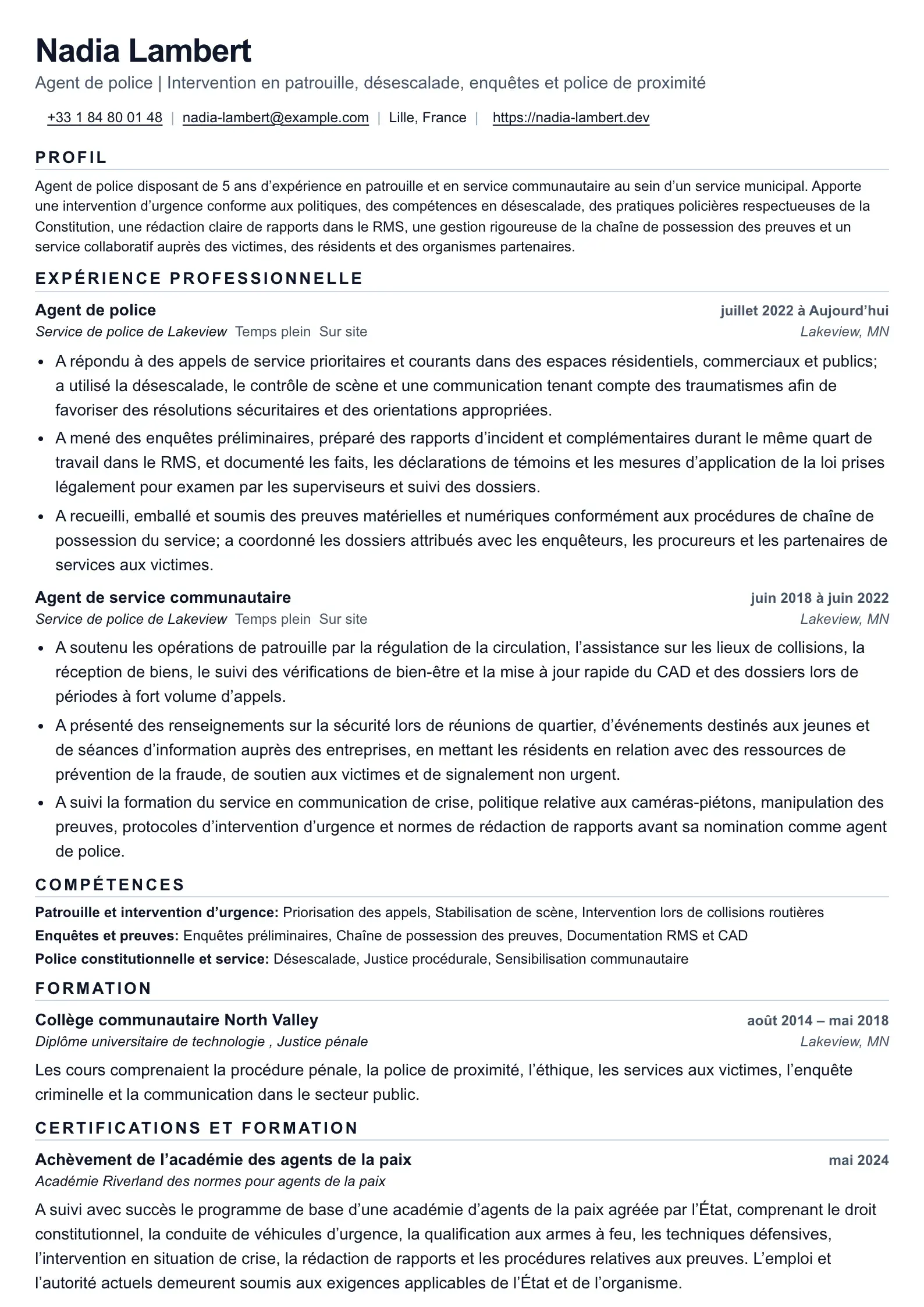 Exemple de CV d’agent de police