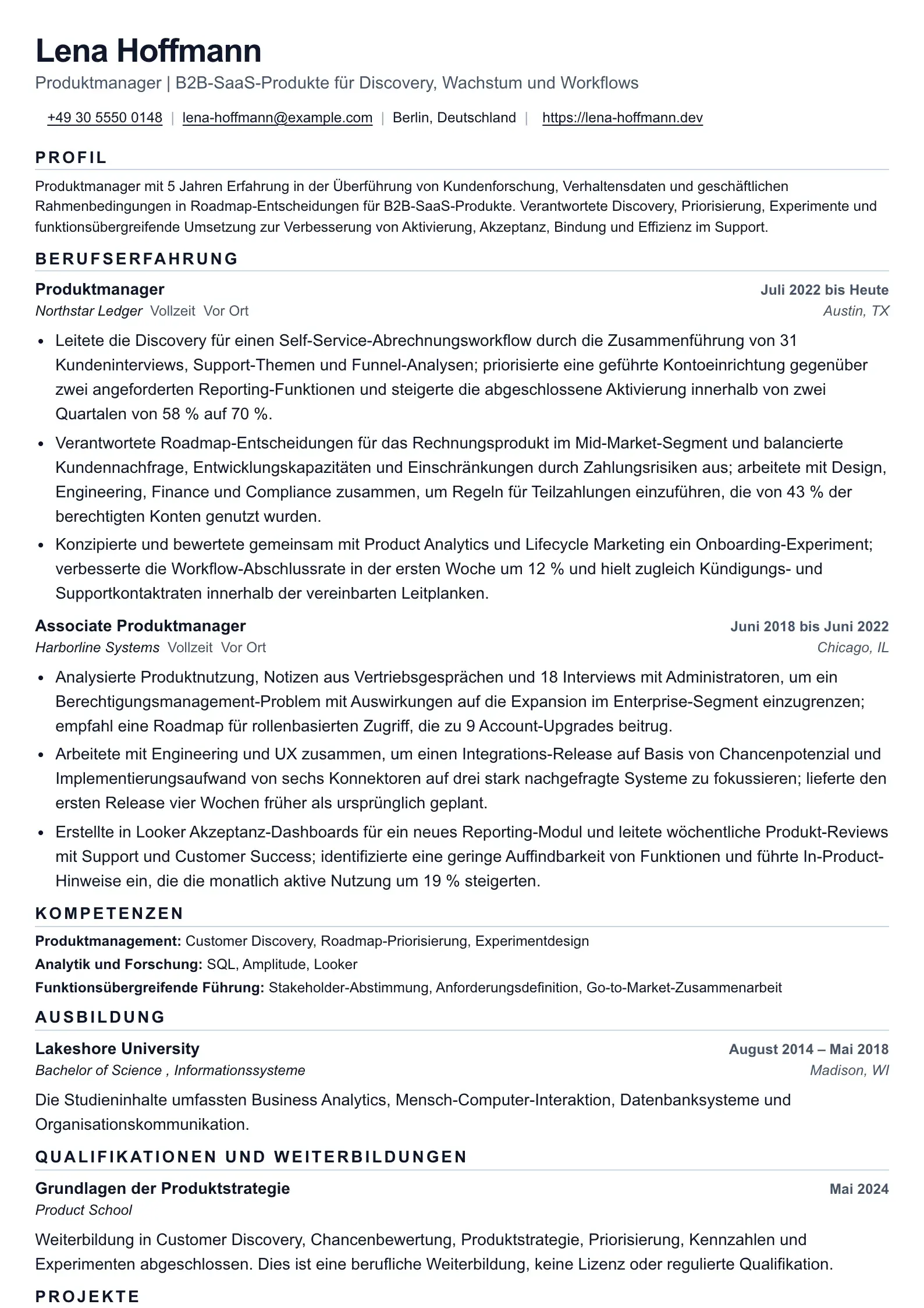 Beispiel für einen Produktmanager-Lebenslauf
