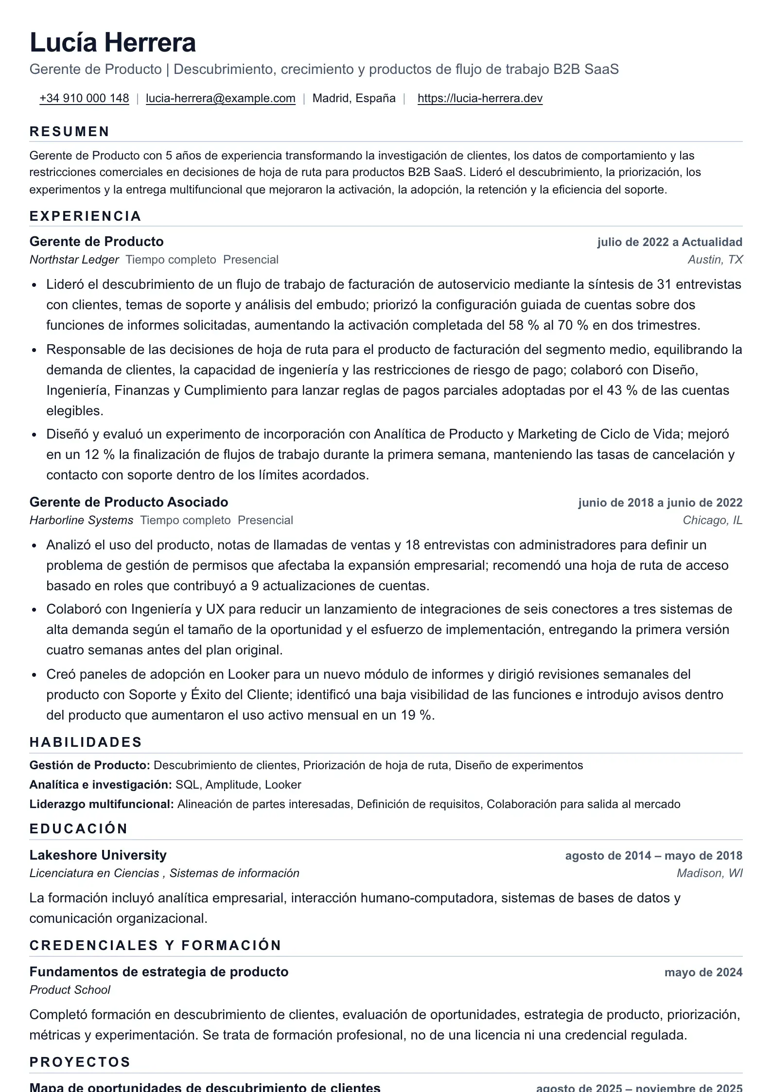 Ejemplo de currículum de Gerente de Producto
