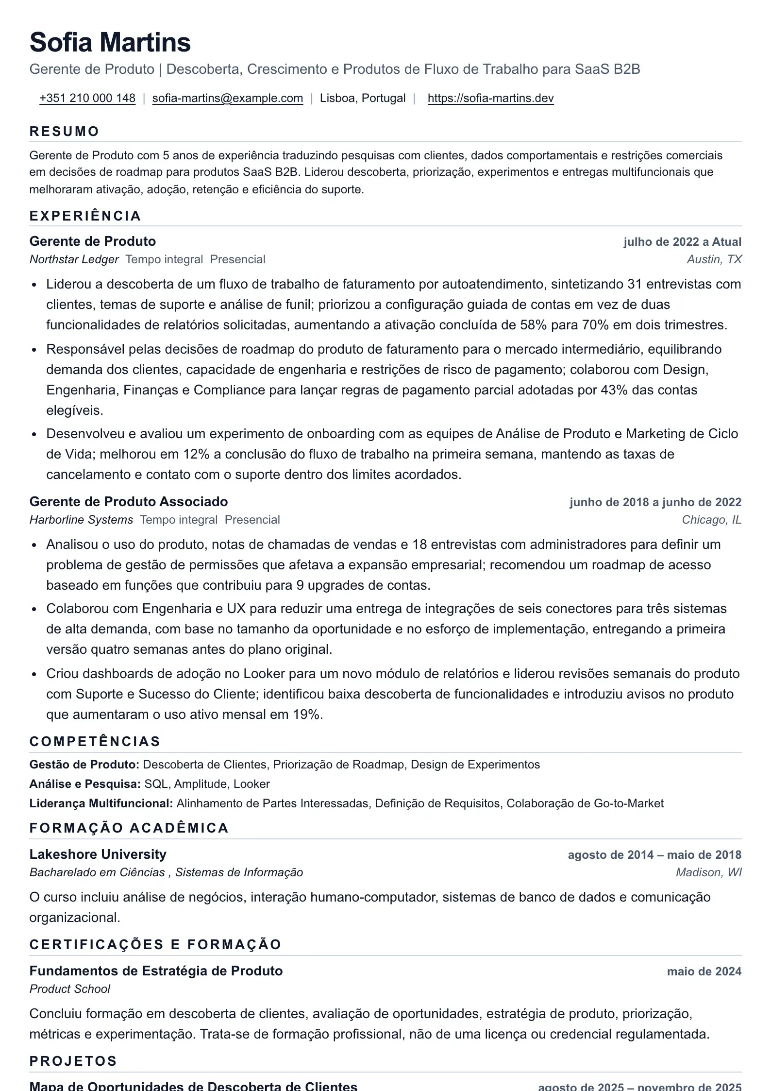 Exemplo de currículo de Gestor de Produto