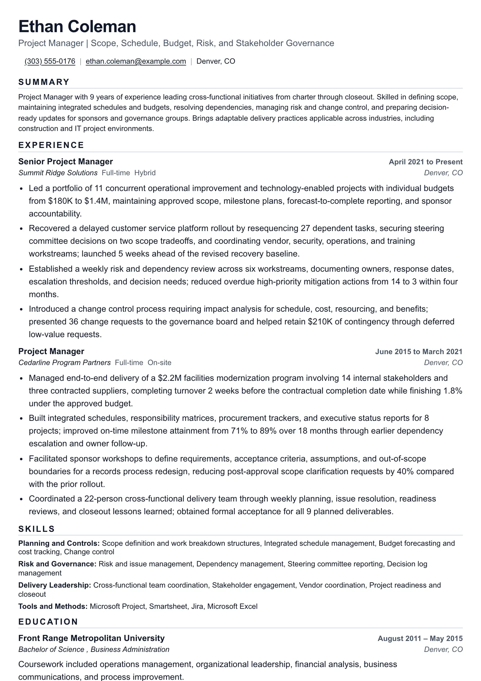 Project Manager resume for delivery ownership