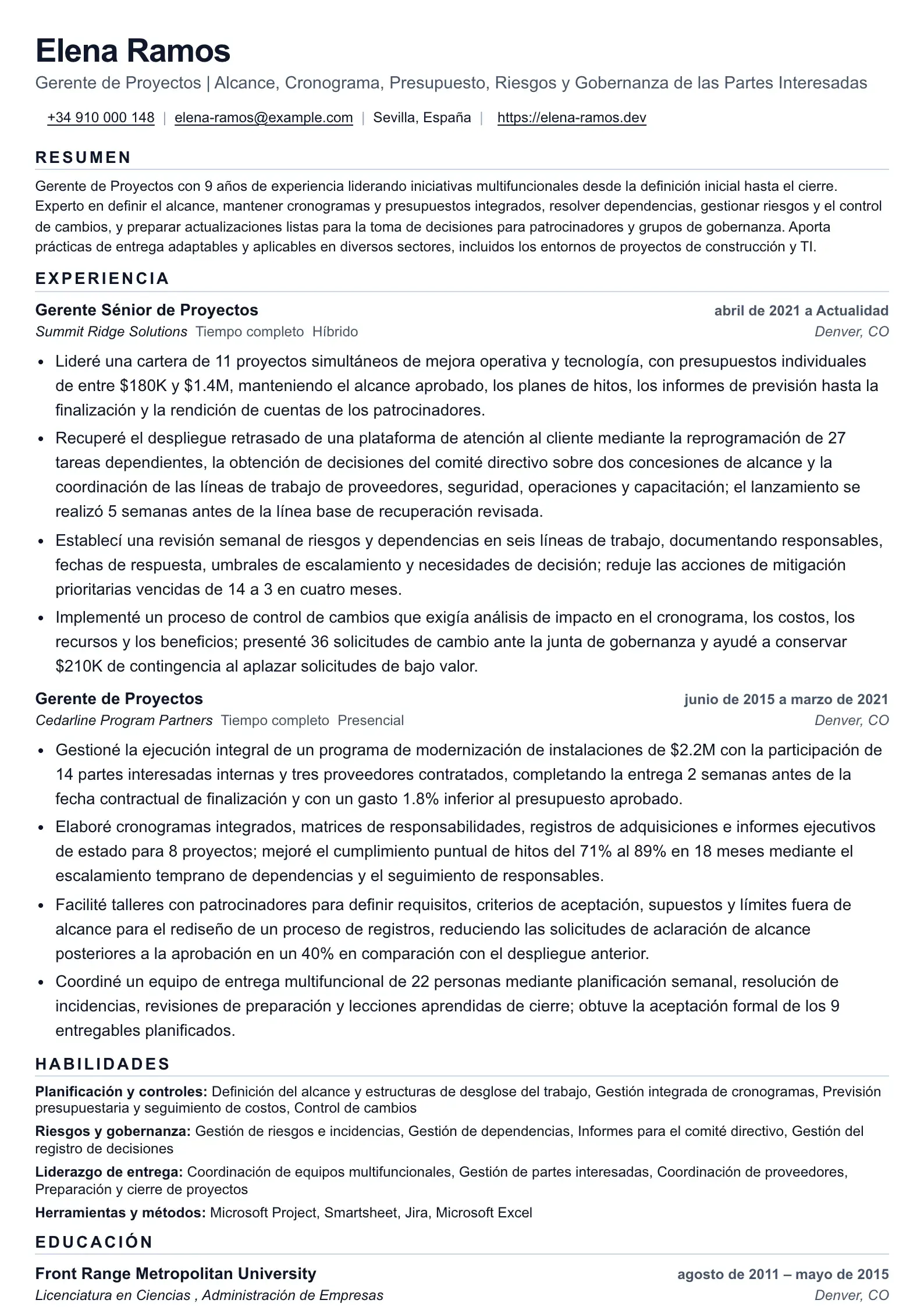 Currículum de Gerente de Proyectos para demostrar responsabilidad de entrega