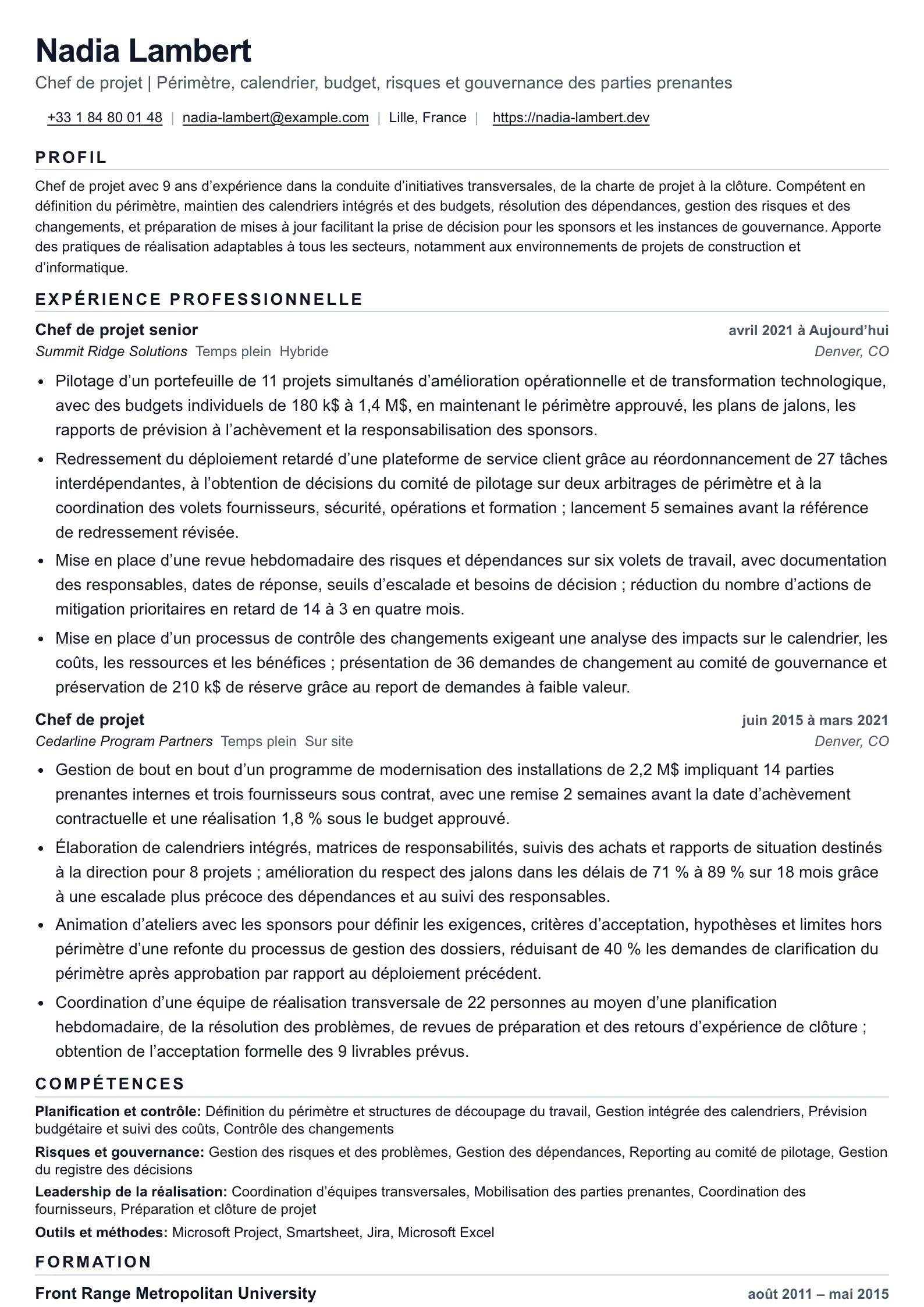 CV de Chef de projet axé sur la responsabilité de la livraison