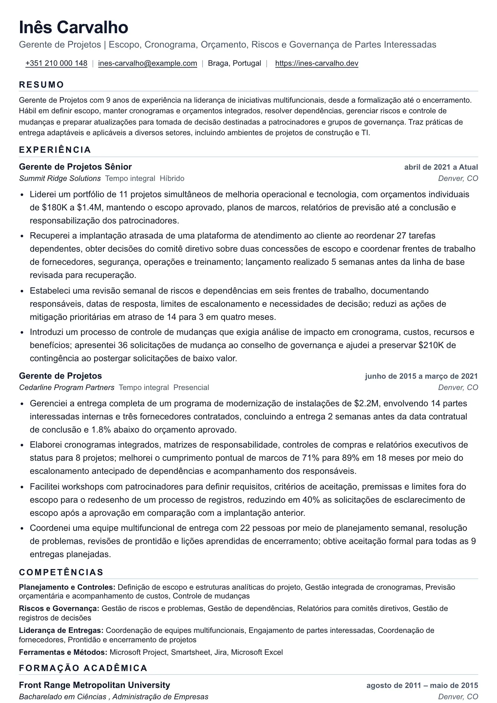 Currículo de Gerente de Projetos para responsabilidade pela entrega