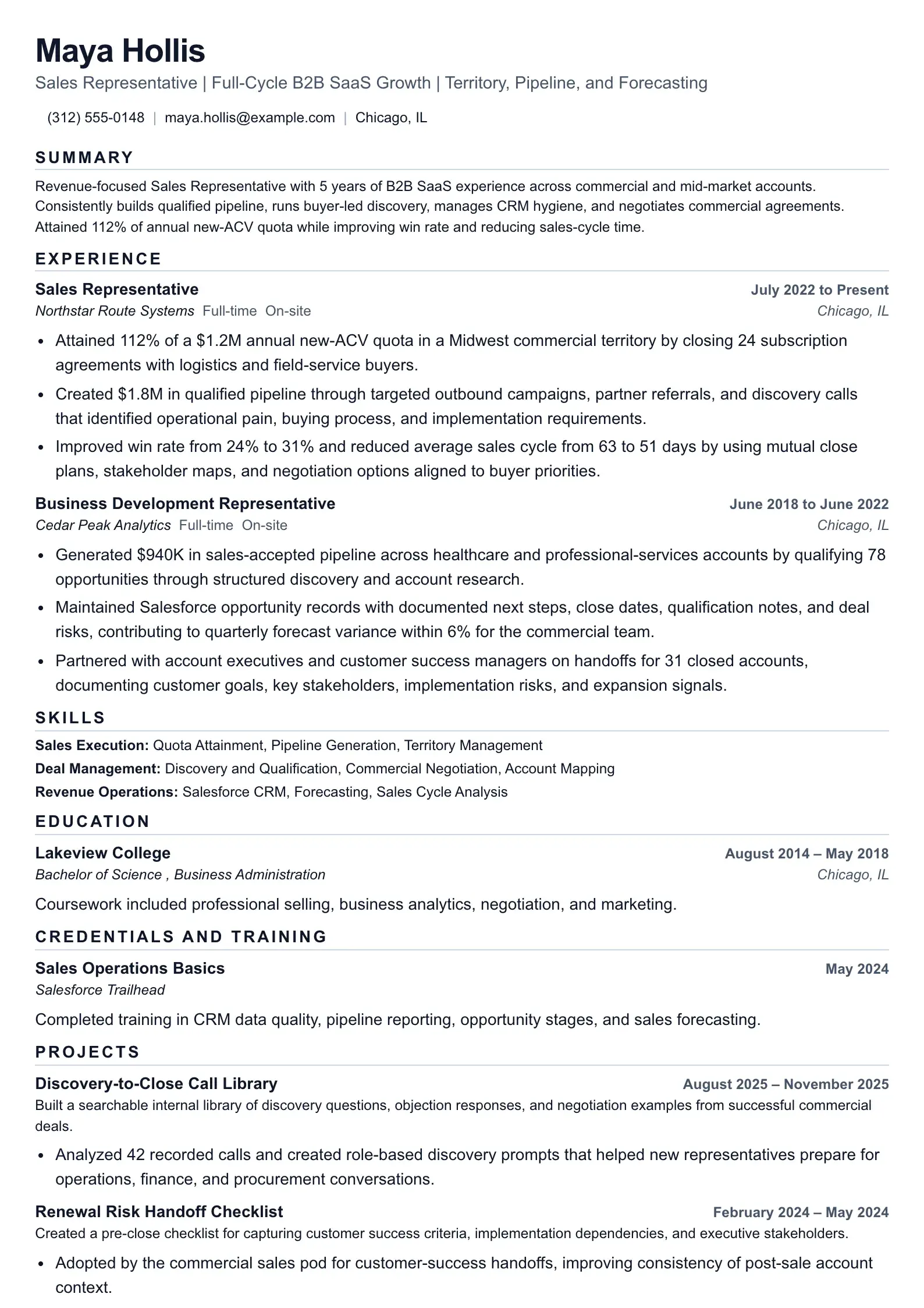 Sales Representative resume example