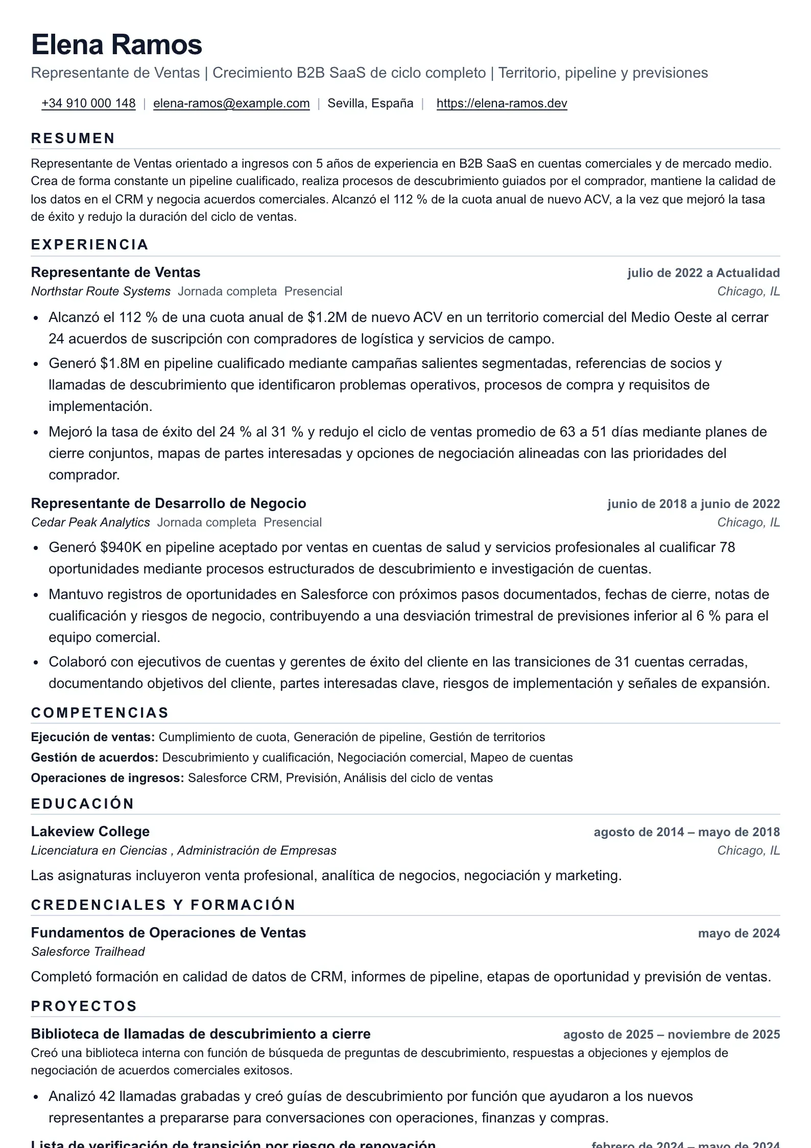 Ejemplo de currículum para Representante de ventas