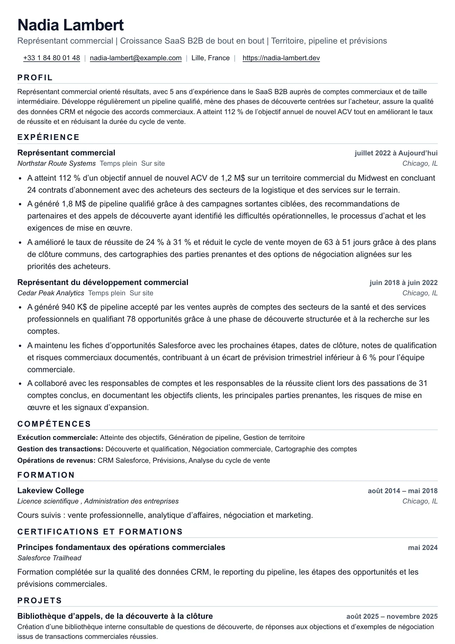 Exemple de CV de représentant commercial