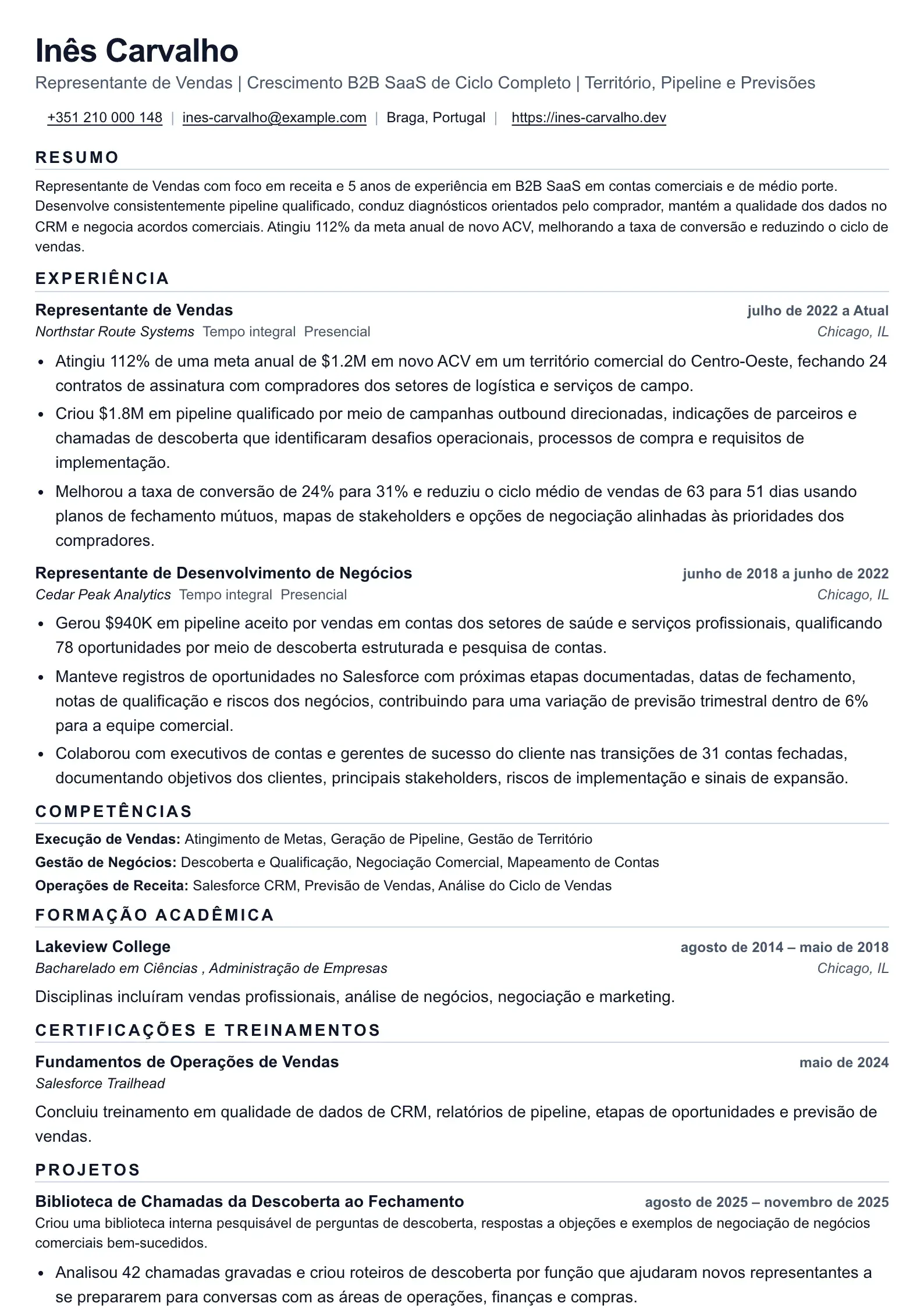 Exemplo de currículo para Representante de Vendas