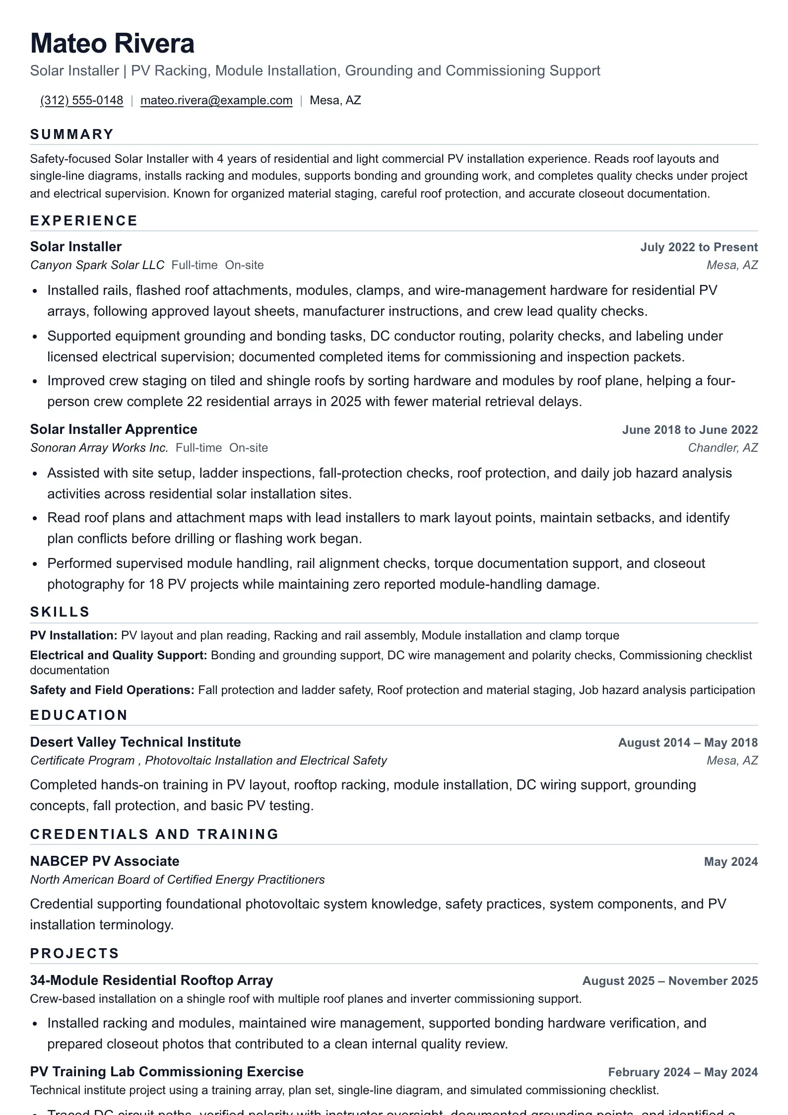 Solar Installer resume example