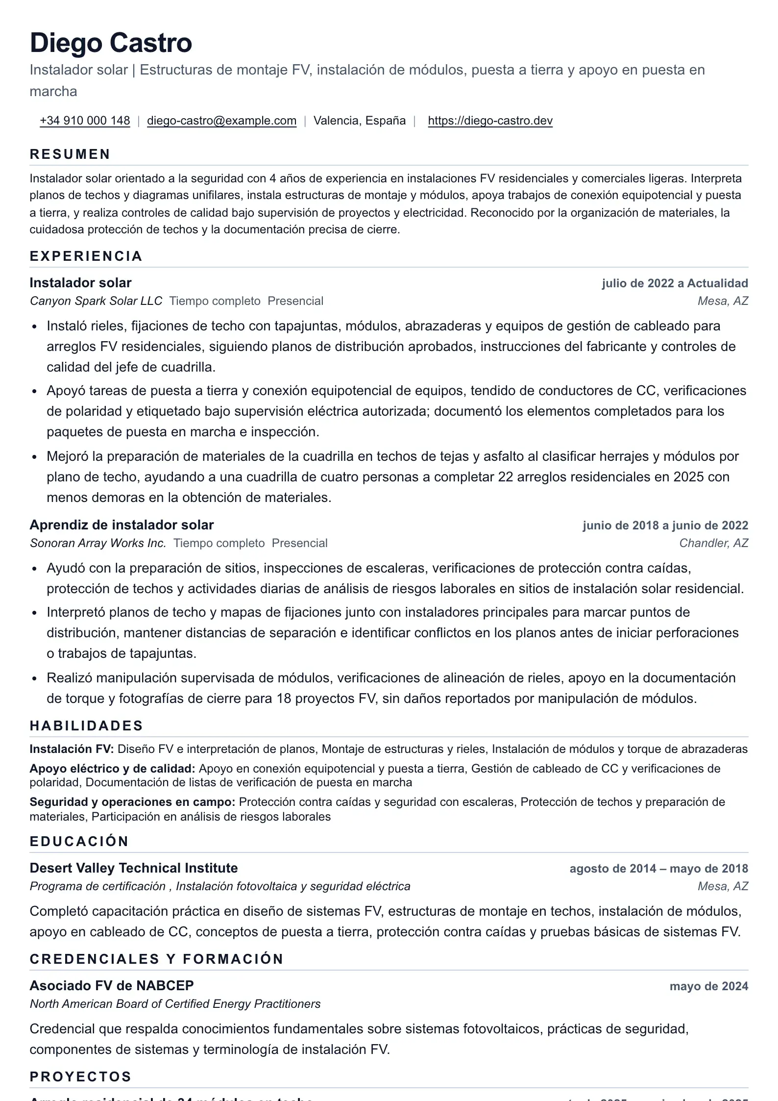 Ejemplo de currículum de Instalador Solar