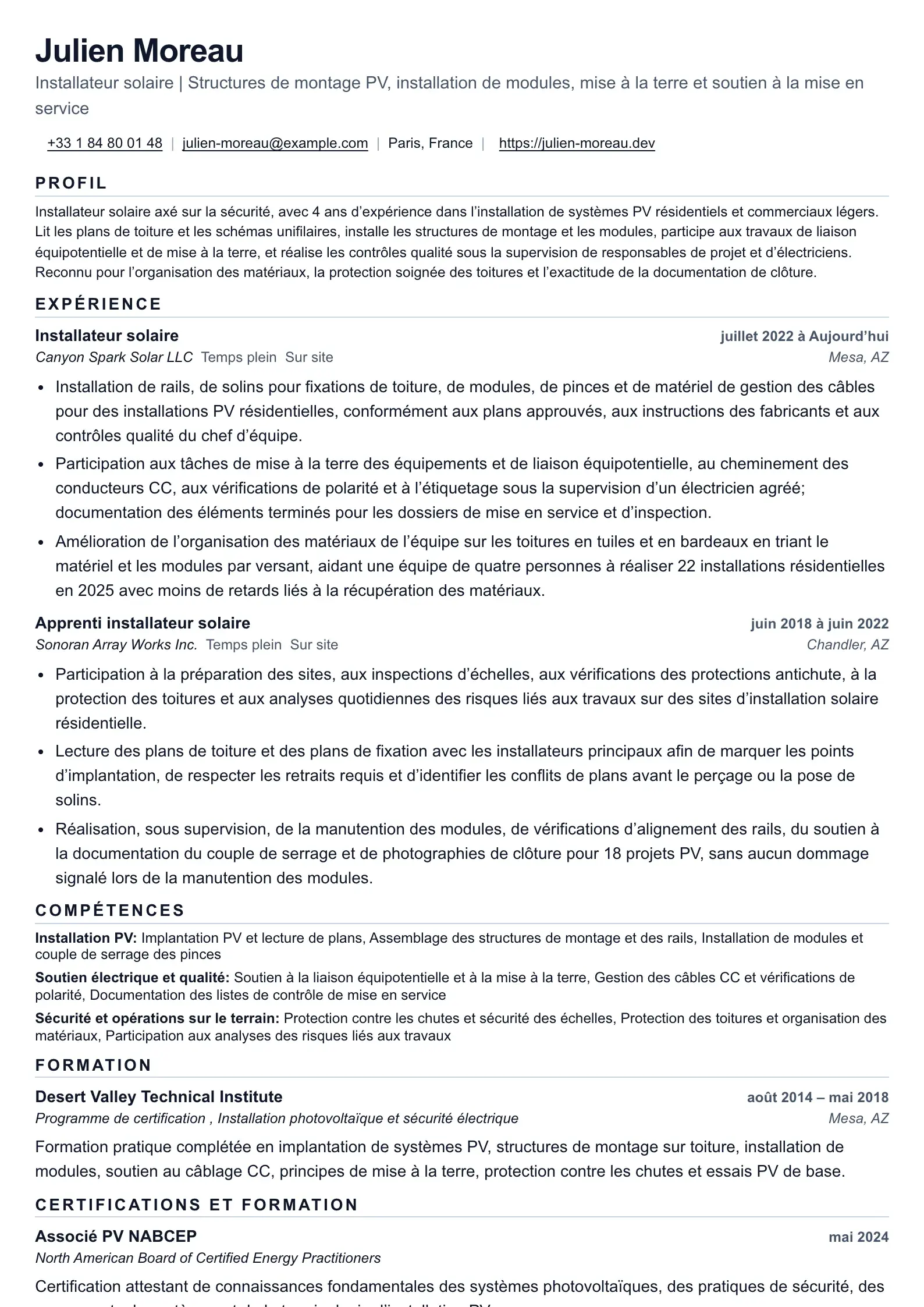 Exemple de CV d’installateur solaire