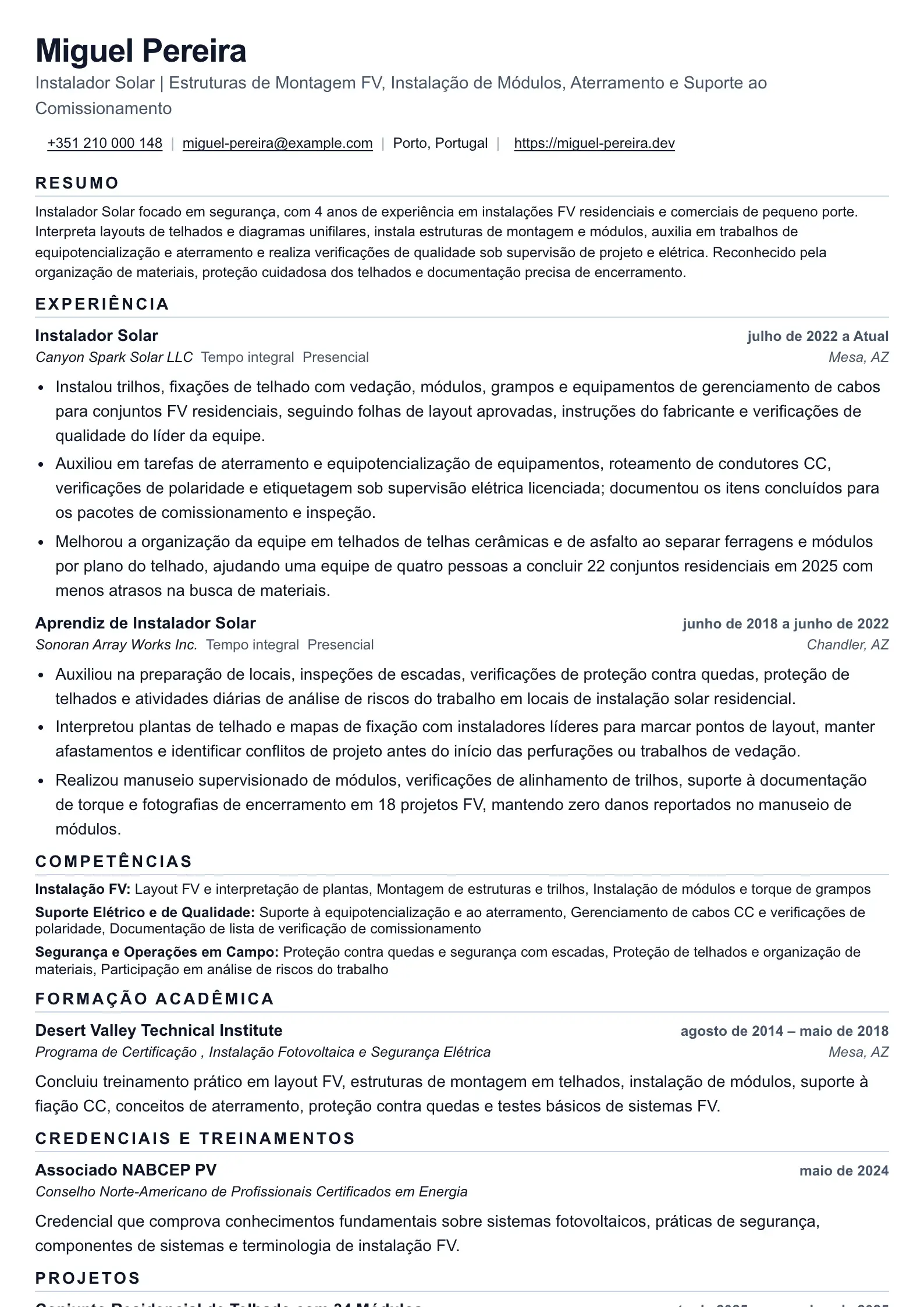 Exemplo de currículo para Instalador Solar