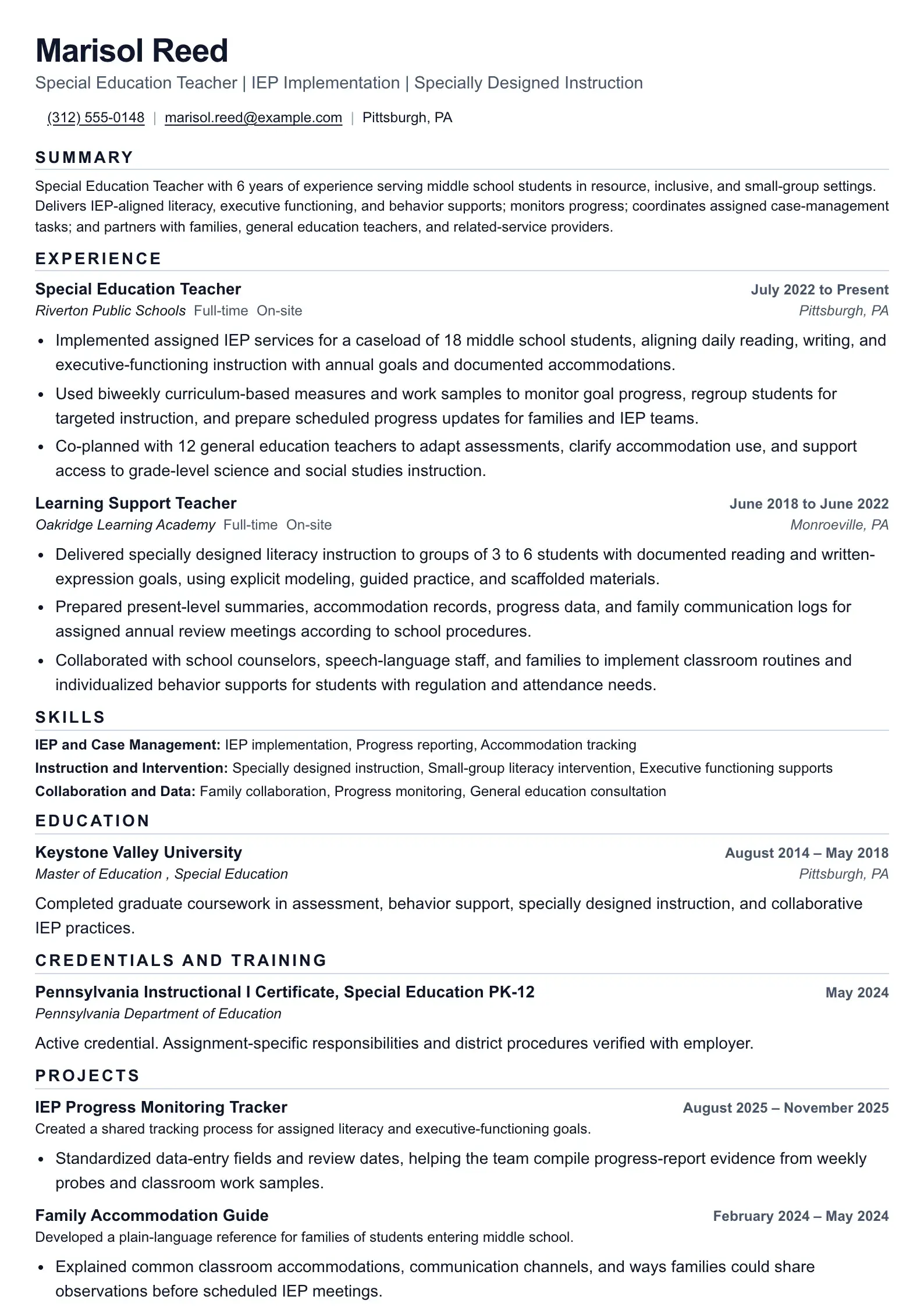 Special Education Teacher evidence example