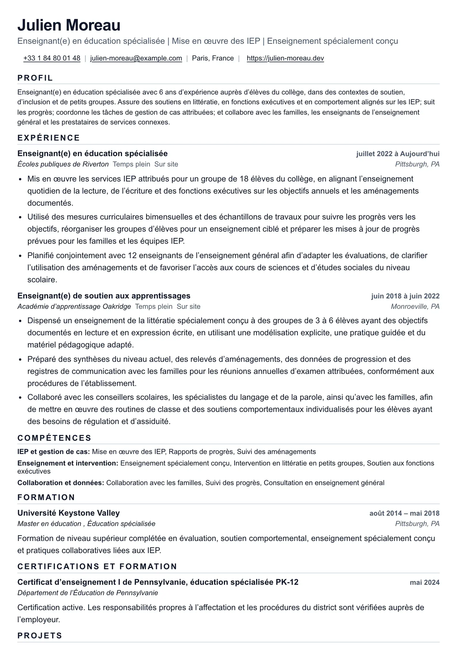Exemple de preuves pour enseignant en éducation spécialisée