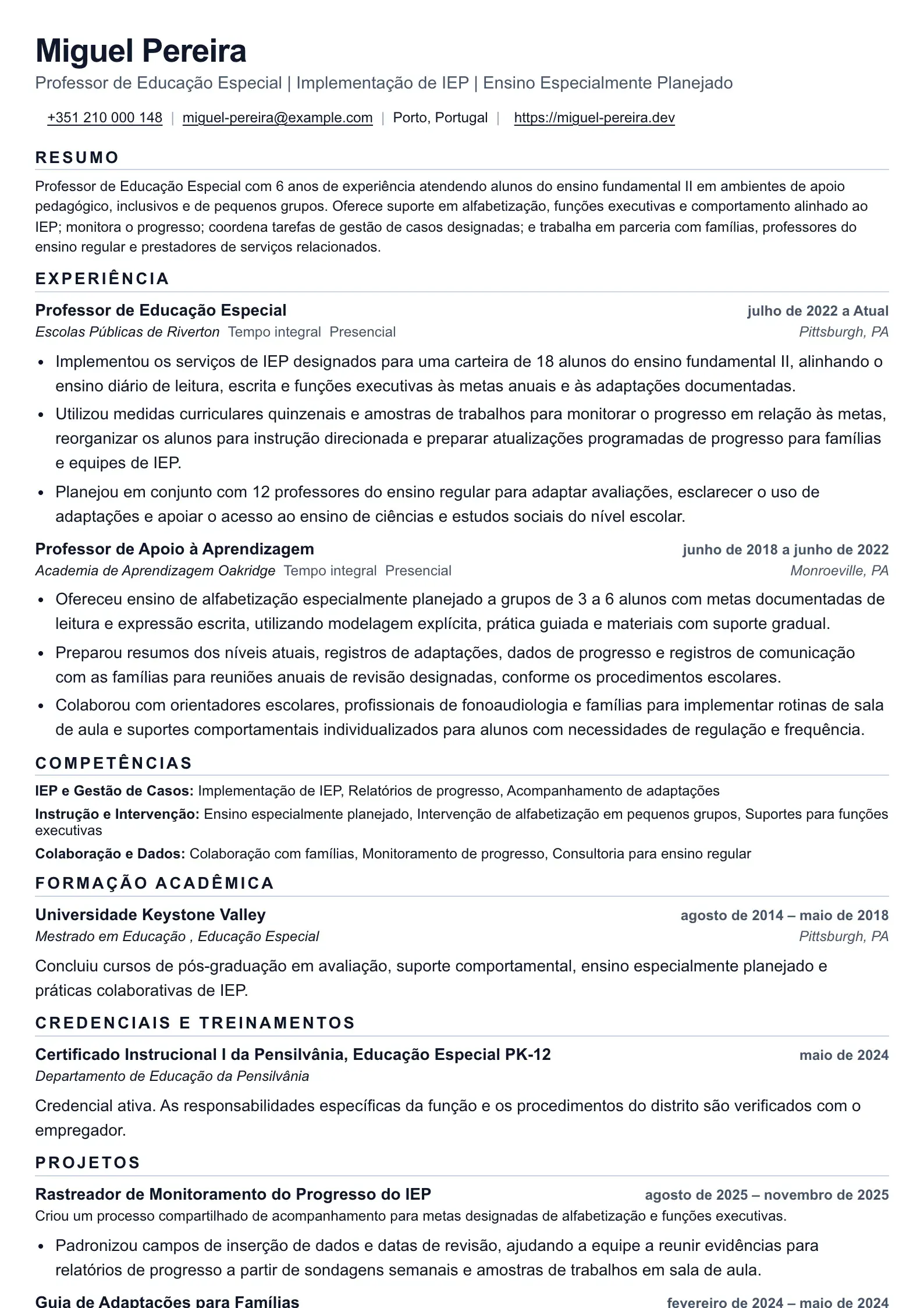 Exemplo de evidência para Professor de Educação Especial