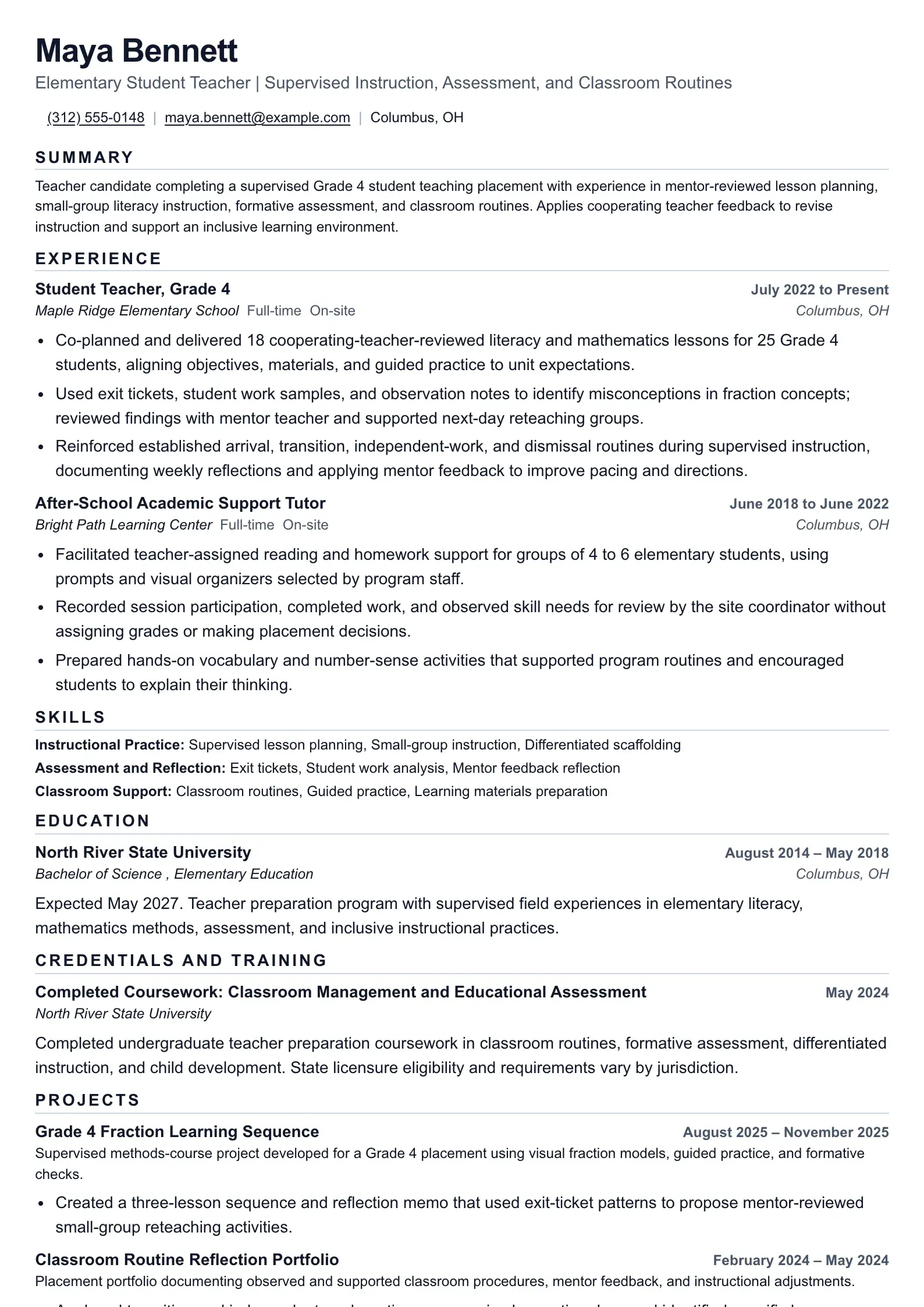 Polaris Student Teacher resume