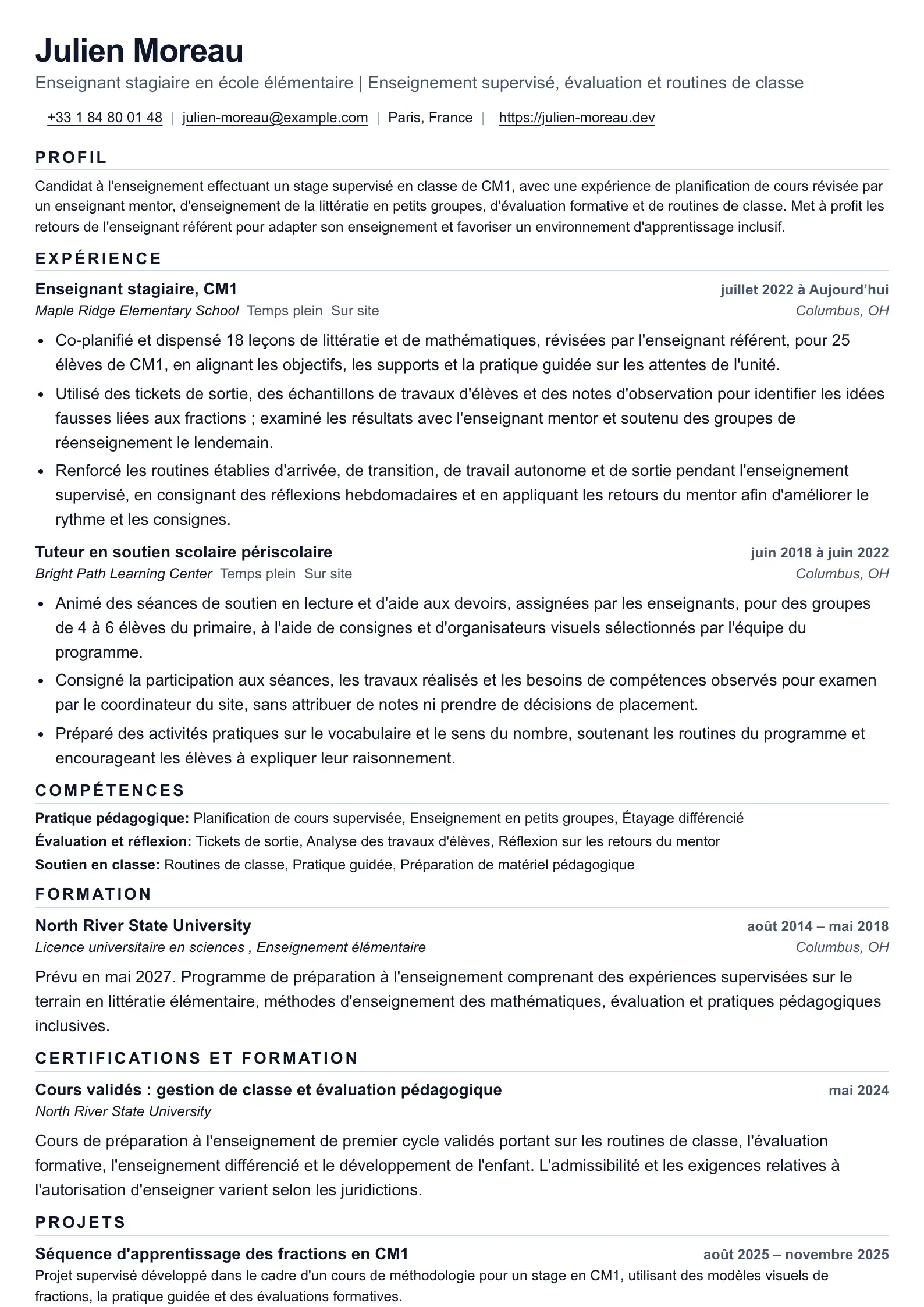 CV Polaris pour enseignant stagiaire