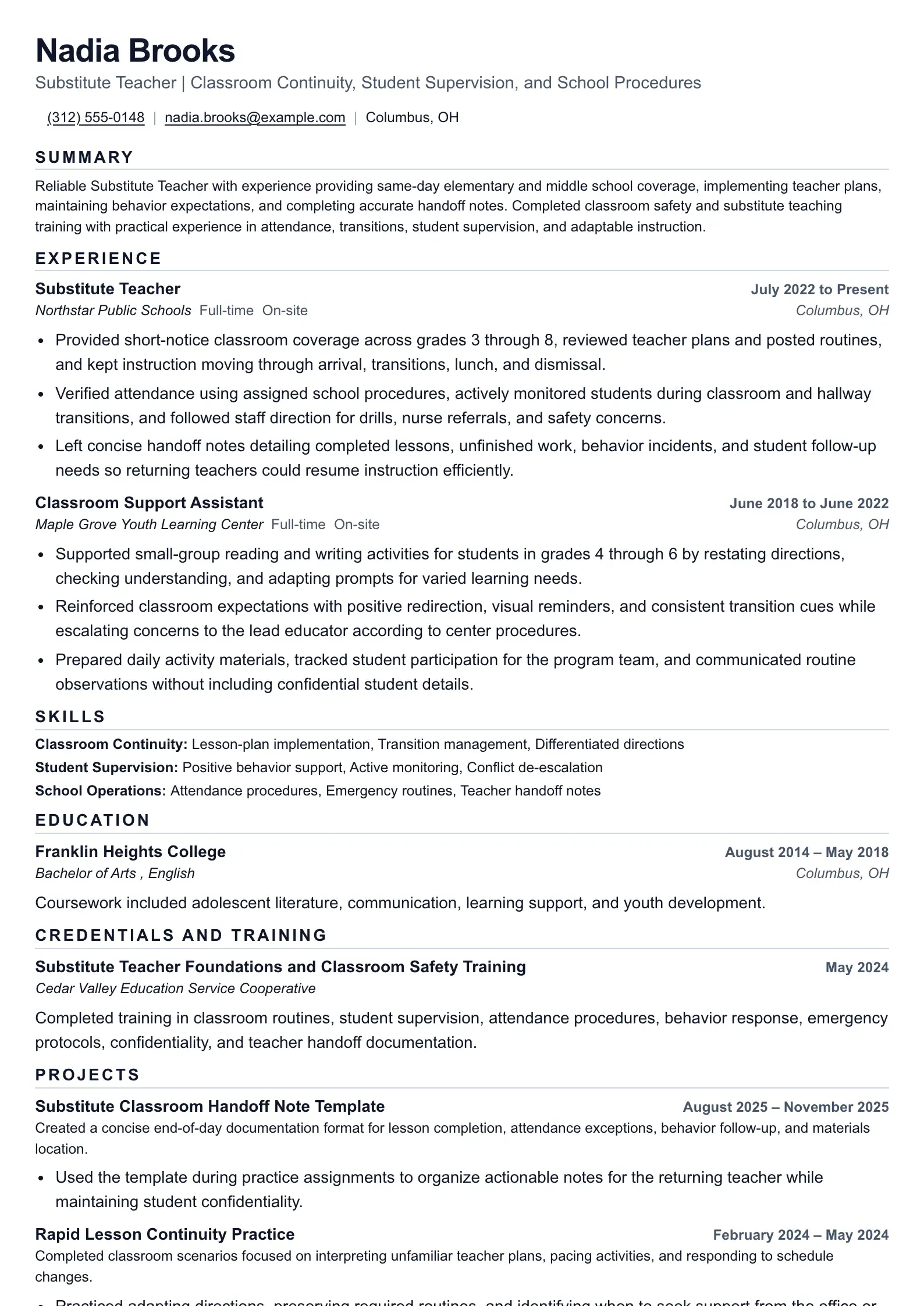Substitute Teacher resume example