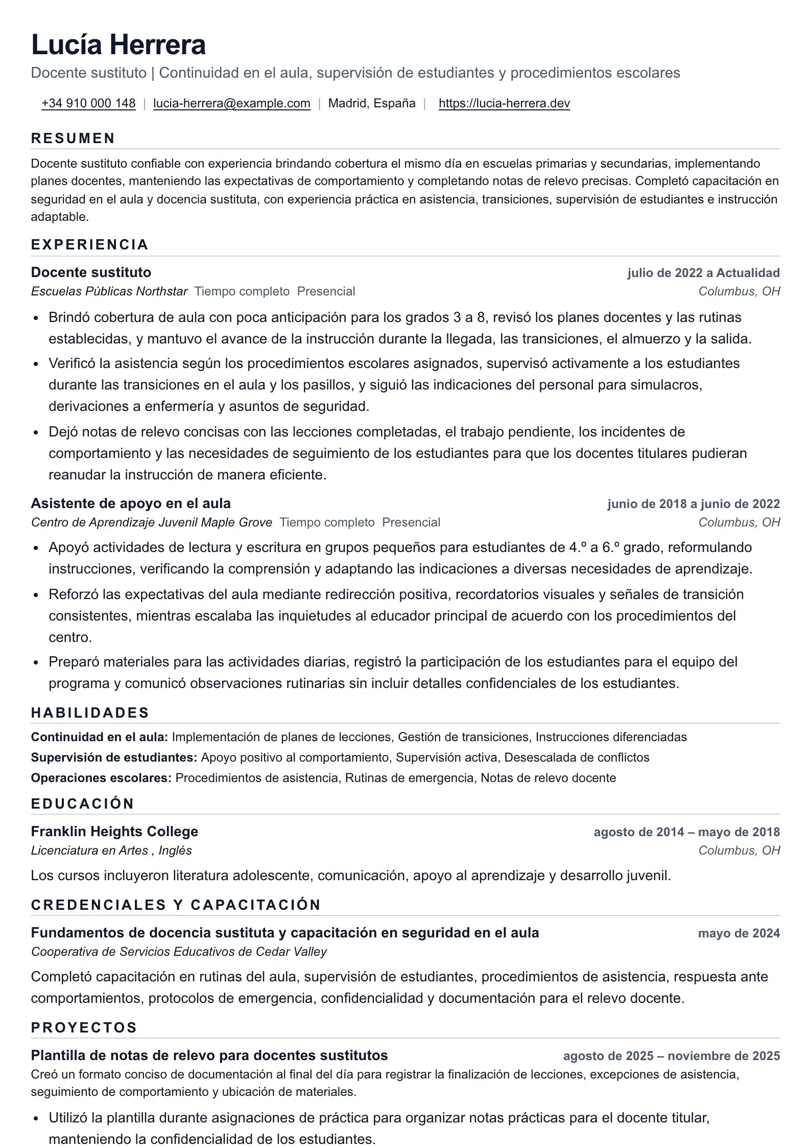 Ejemplo de currículum para Docente sustituto/a
