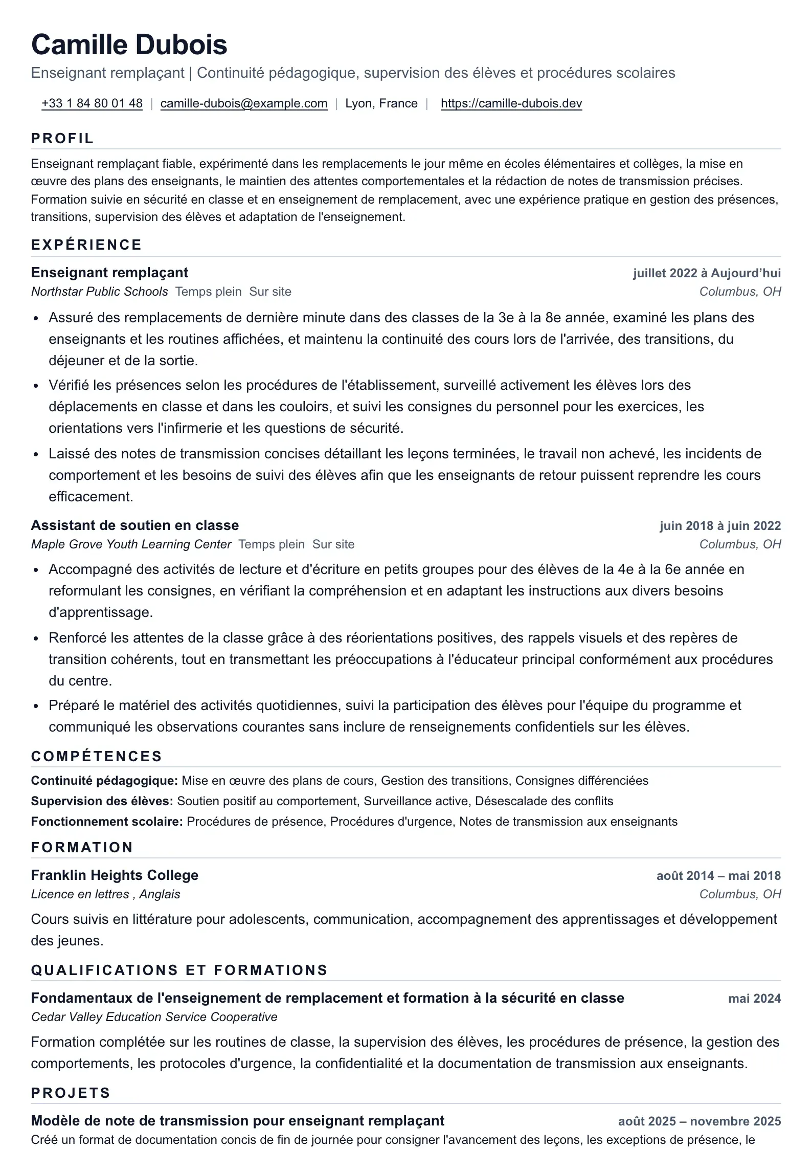 Exemple de CV d’enseignant remplaçant