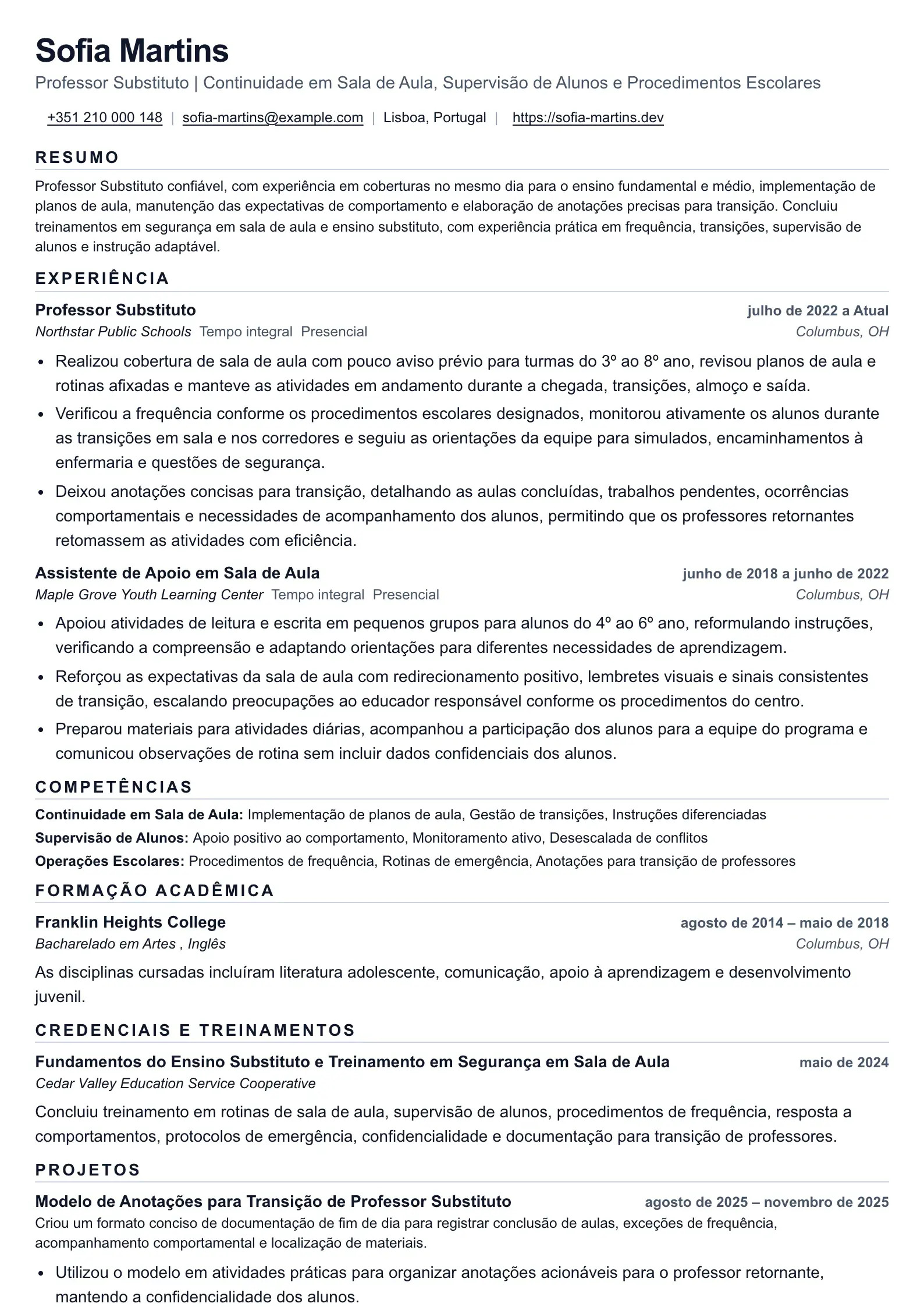 Exemplo de currículo de Professor Substituto