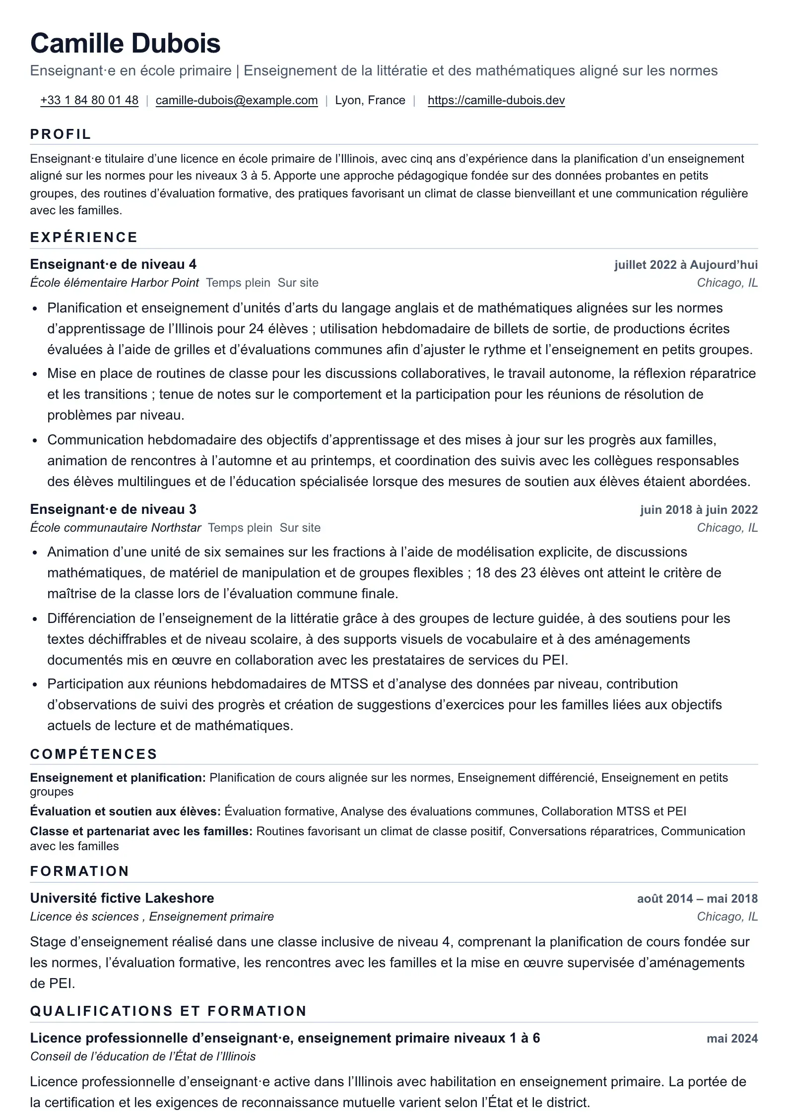 CV d’enseignant pour un enseignement fondé sur les normes