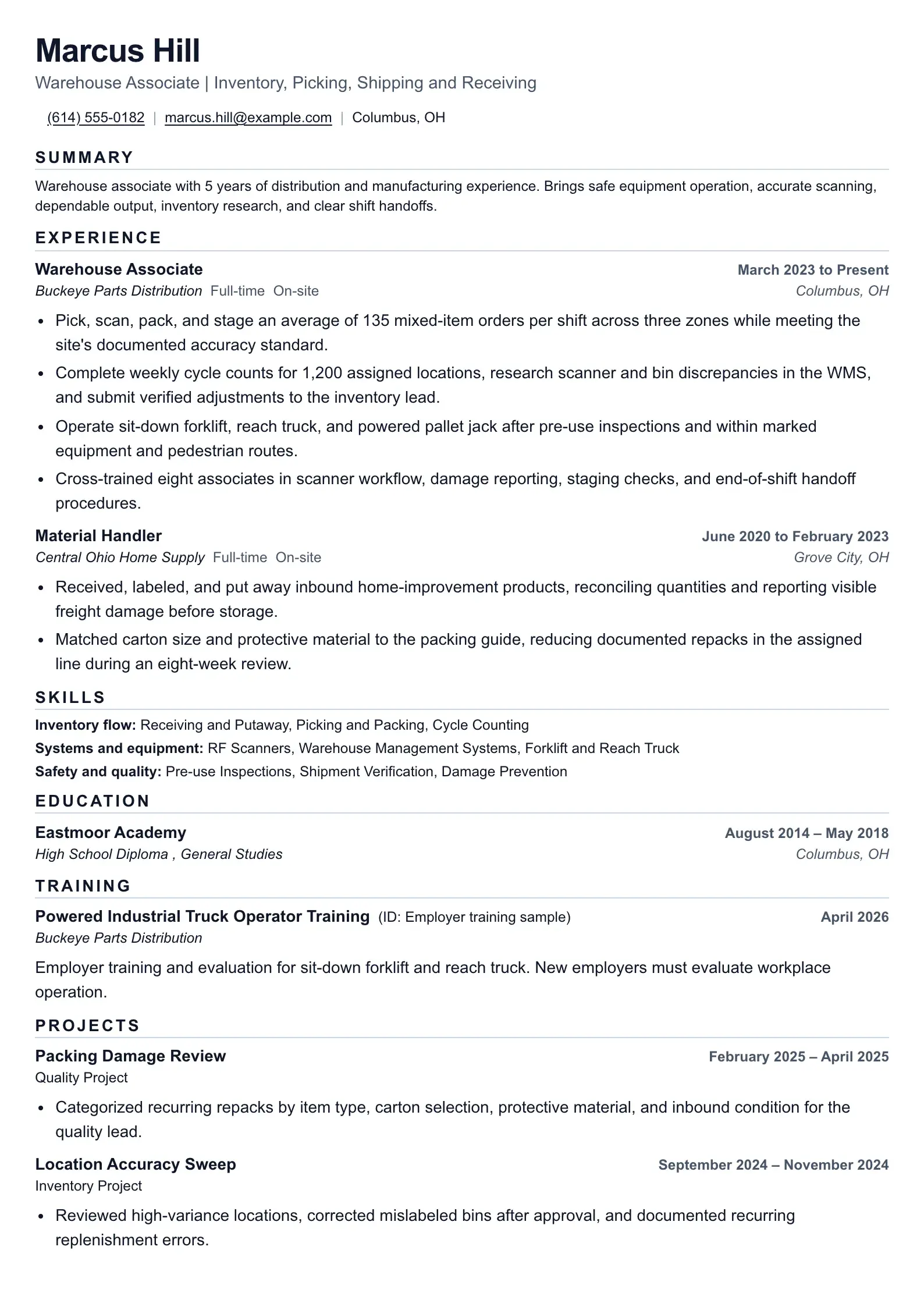 Use this resume template for warehouse applications