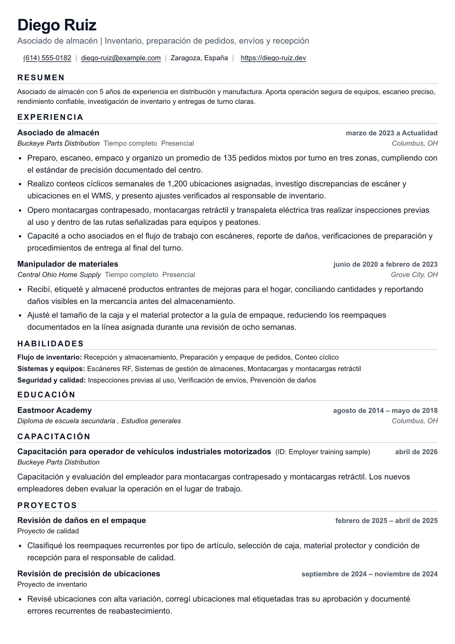 Usa esta plantilla de currículum para solicitudes de almacén