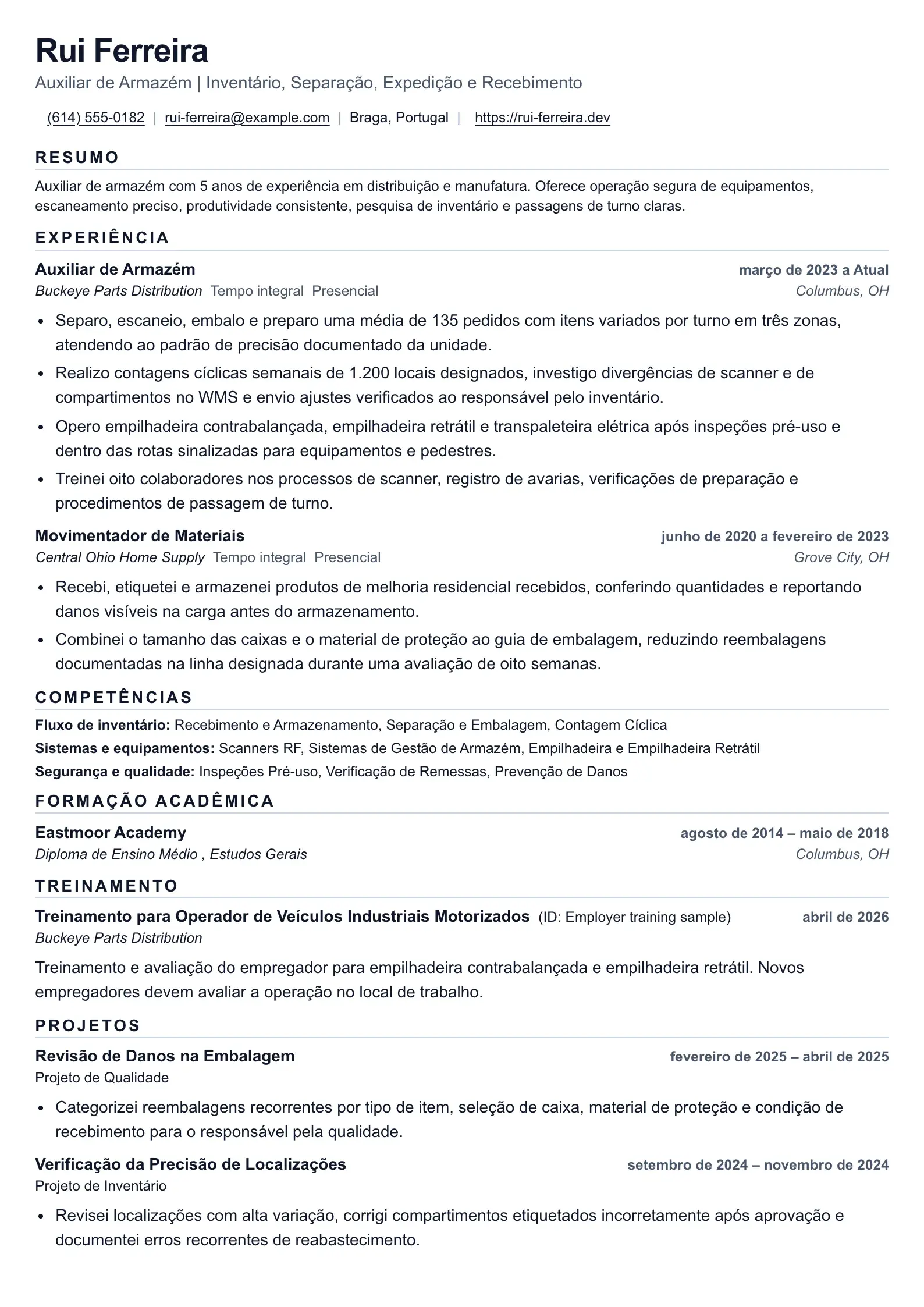 Utilize este modelo de currículo para candidaturas a armazéns