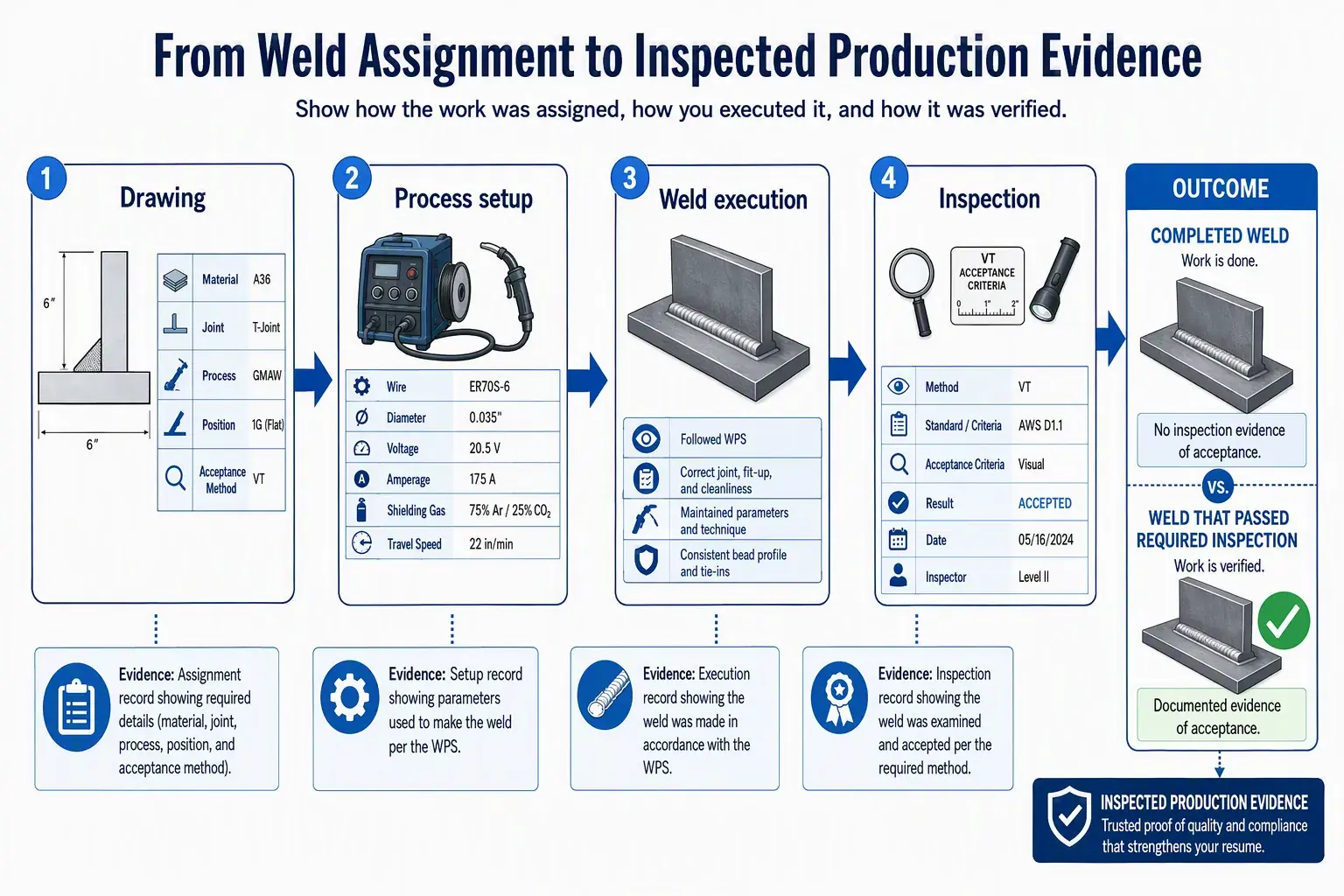 Four-stage diagram showing a weld assignment into inspected production evidence.