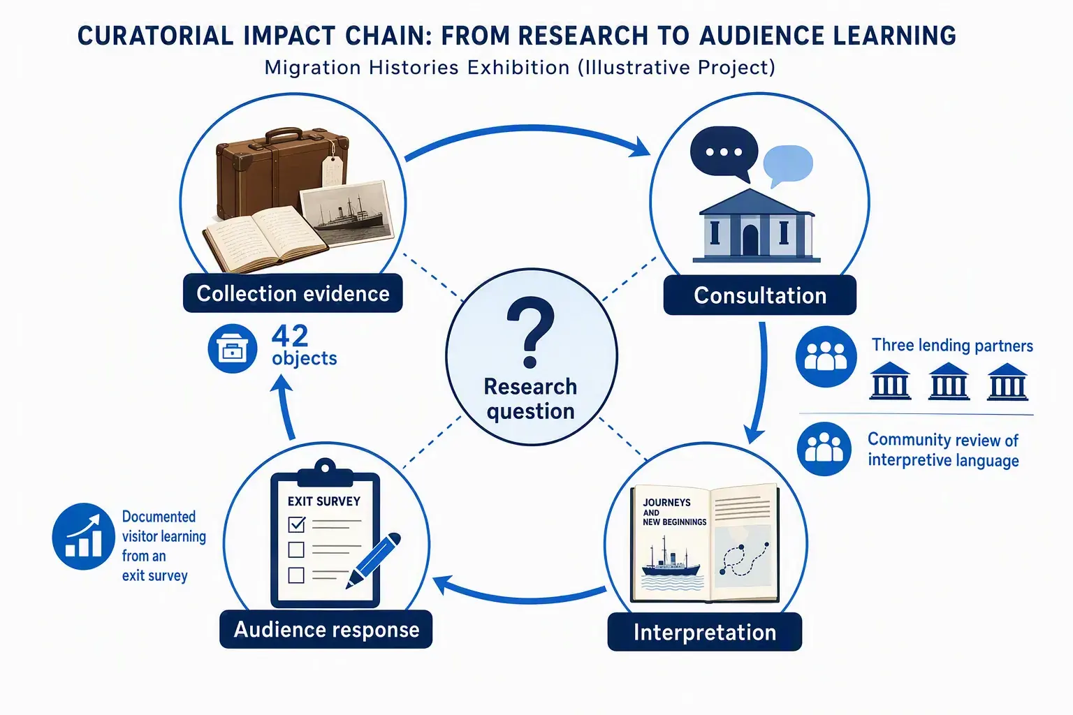 Evidence map linking a curatorial research question to collection evidence, consultation, exhibition interpretation, and audience response.