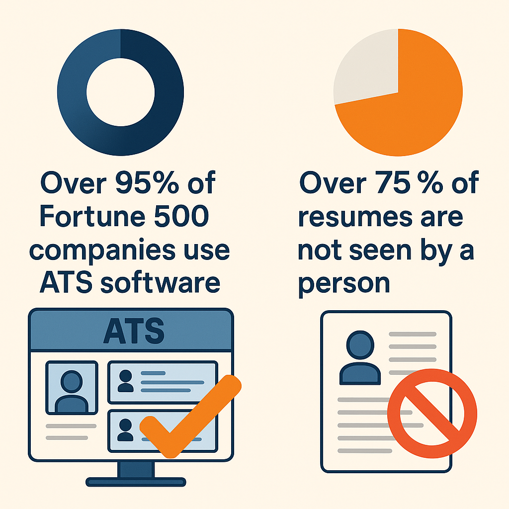 Infographic showing ATS stats: 95% of Fortune 500 use ATS software; 75% of resumes are never seen by a human