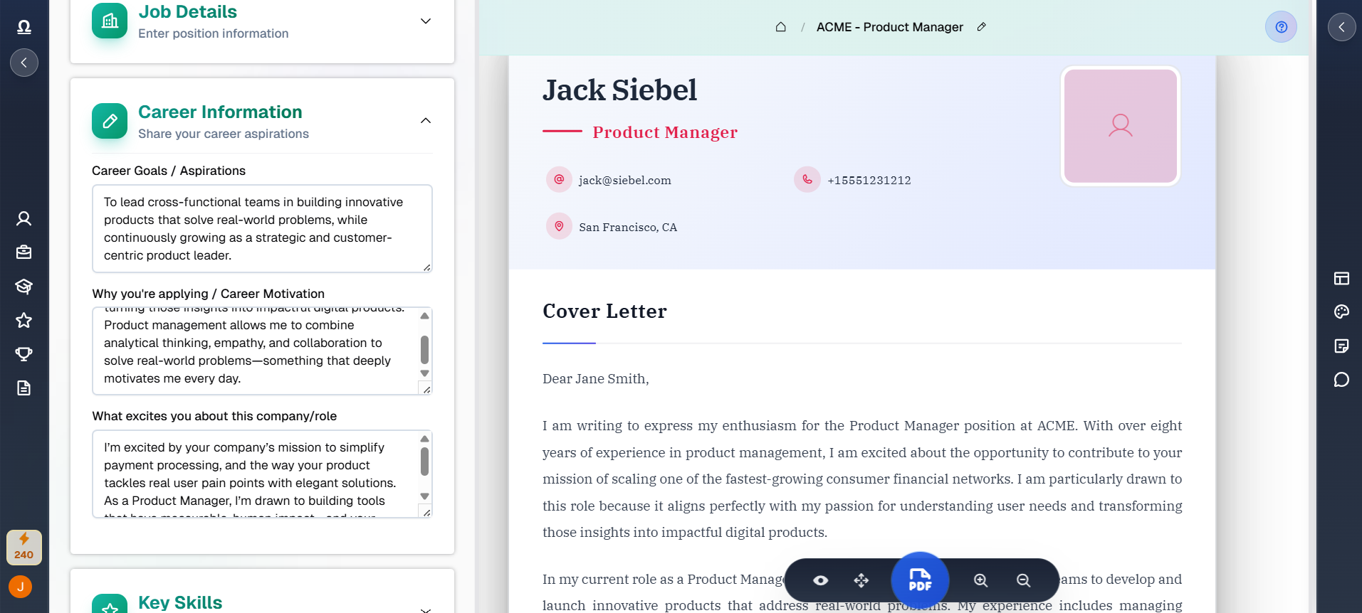  Screenshot of a cover letter generator app with user details, career info fields, and a generated cover letter preview on the right.