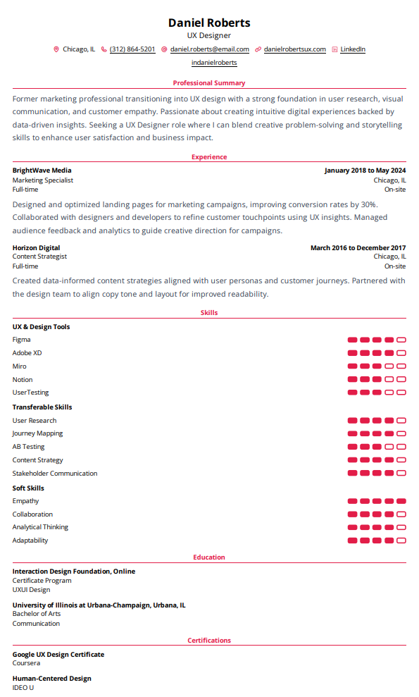 UX designer resume example for a career changer, showing skills, experience, and certifications