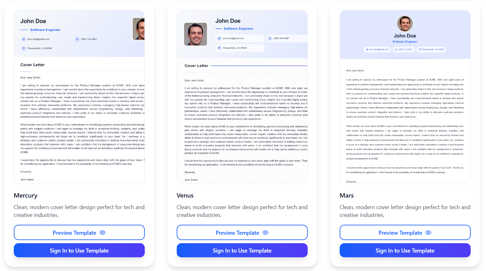Three modern Democruit cover letter templates displayed with clean, professional layouts