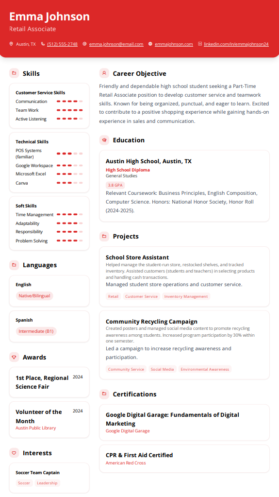High school student resume sample for retail associate position featuring skills, education, and certifications
