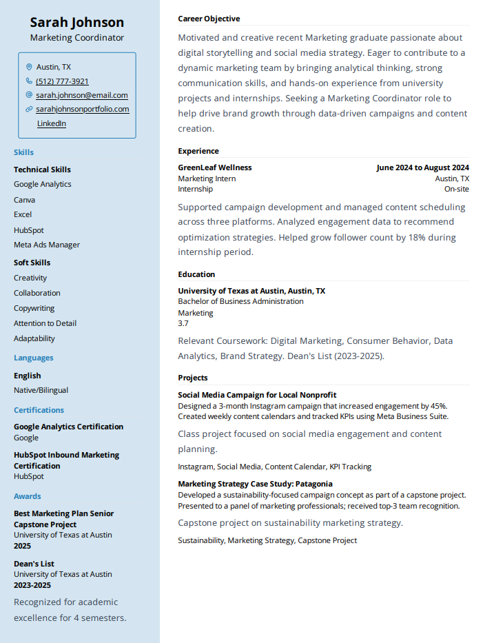 Recent marketing graduate resume sample for marketing coordinator role featuring skills, experience, and education