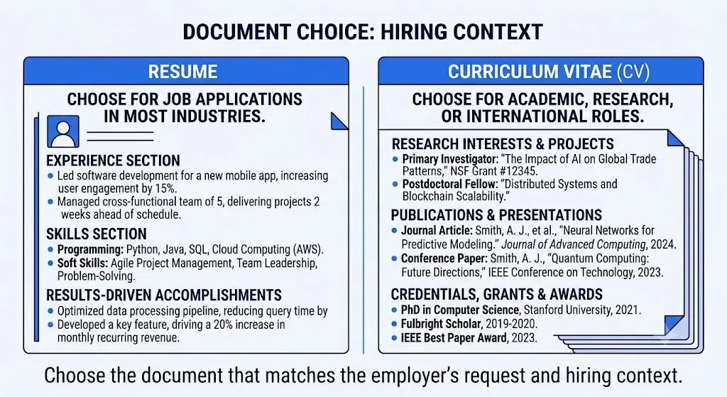 Side-by-side comparison of a concise resume and a detailed academic CV, showing their different sections and purposes.